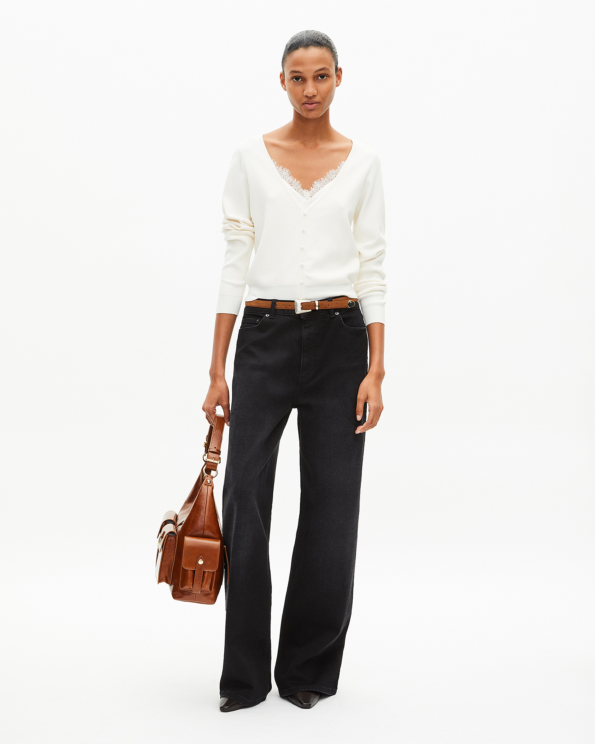 Trompe l'oeil effect sweater with ecru lace