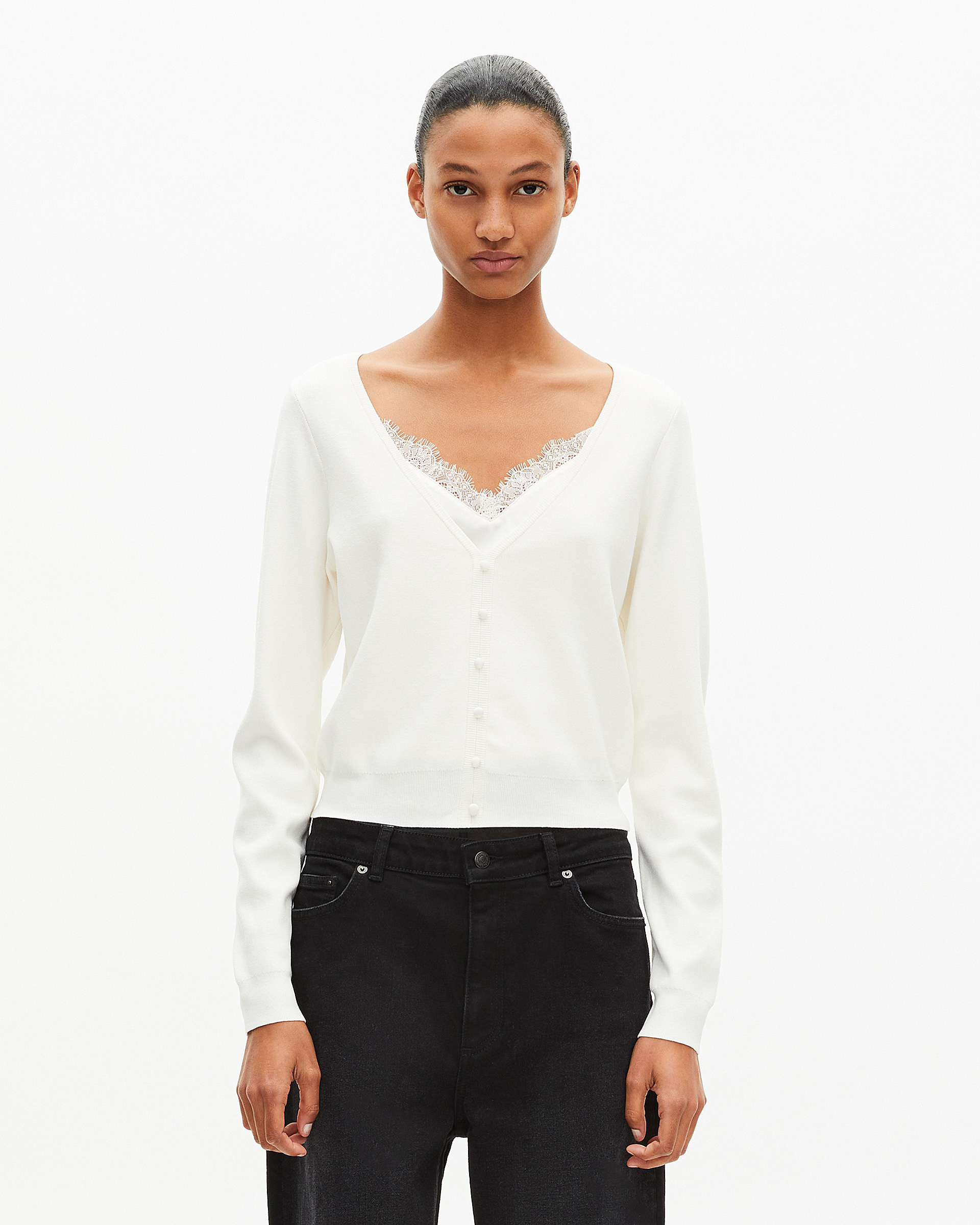 Trompe l'oeil effect sweater with ecru lace