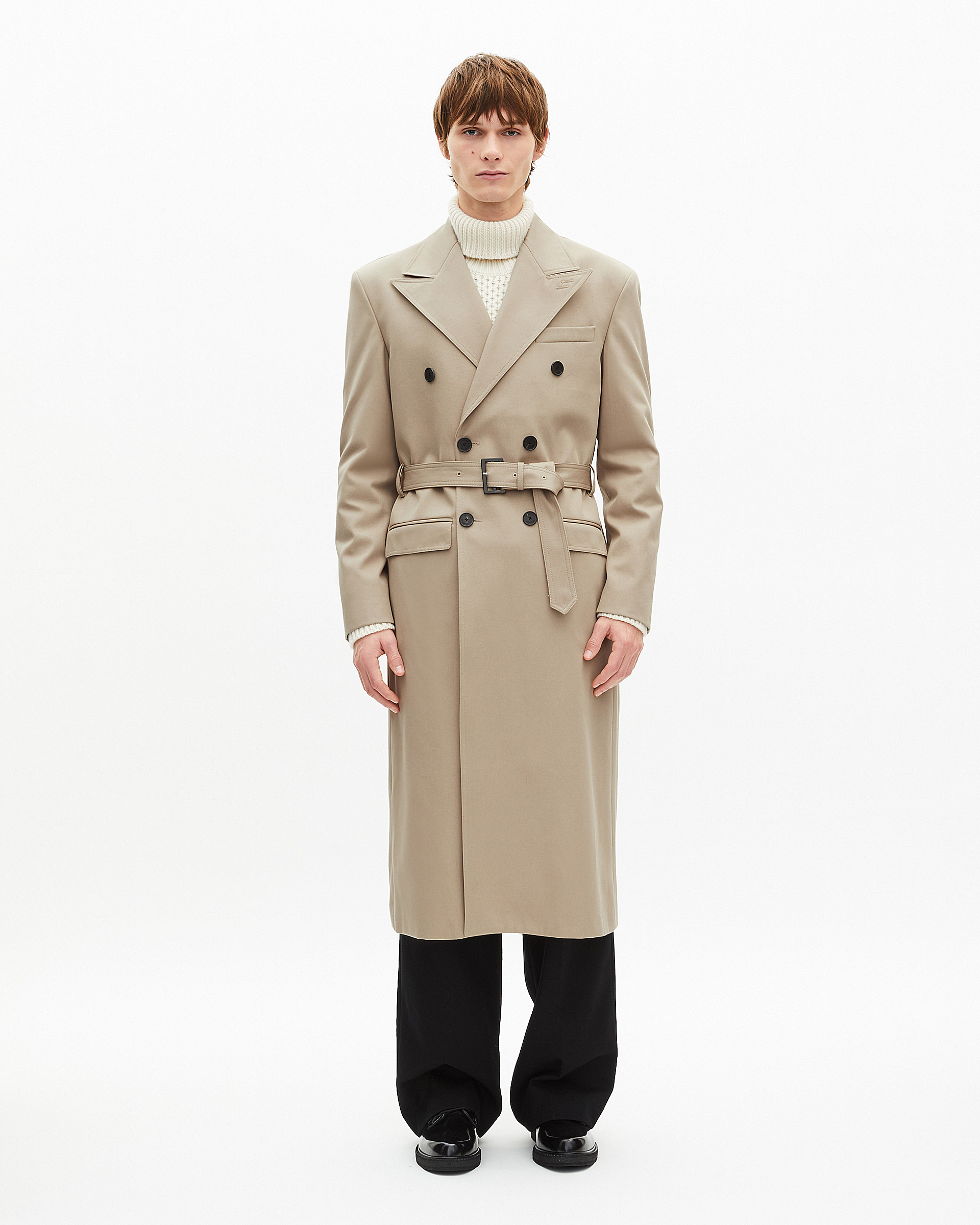 Long beige trench coat