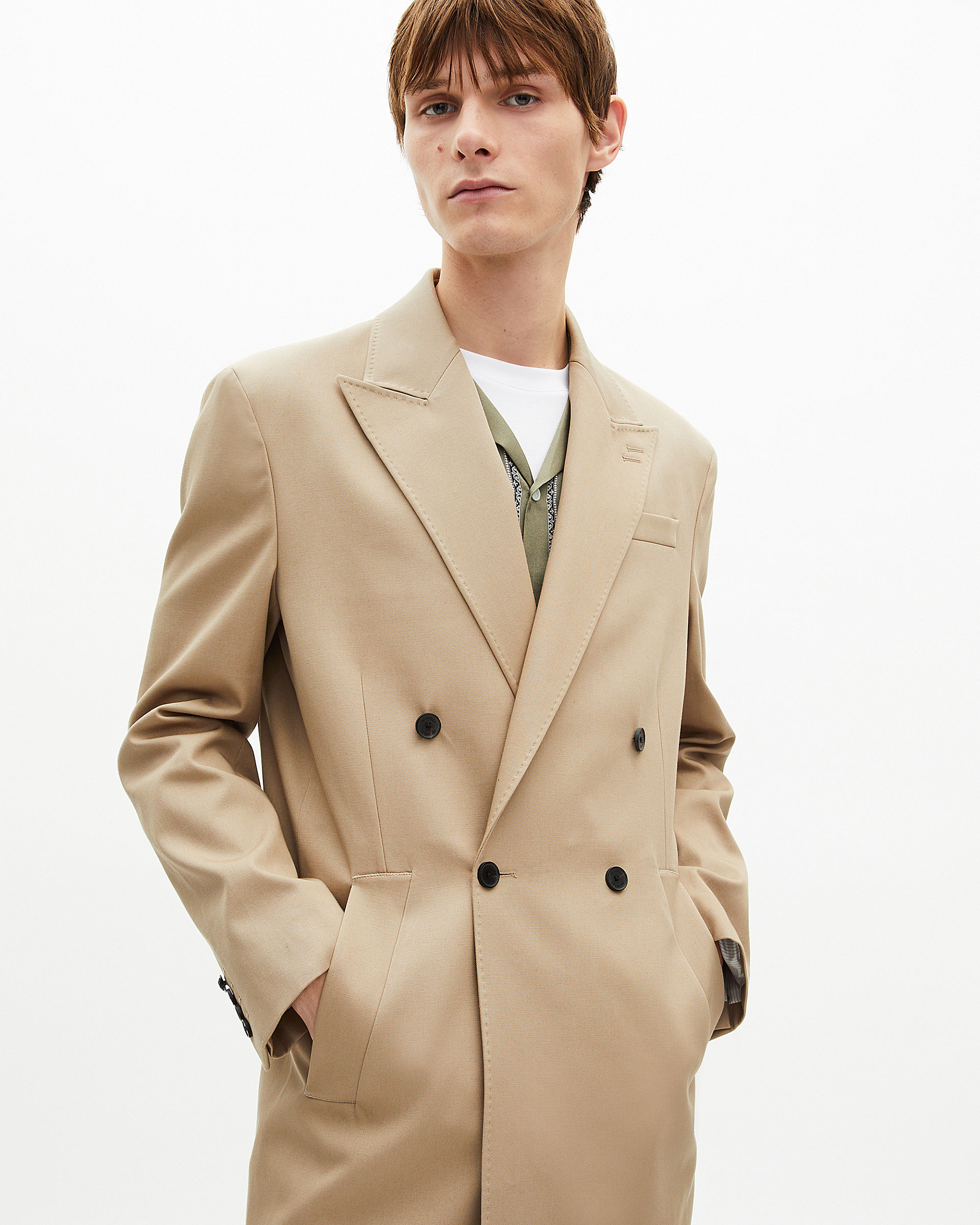 Beige long double-breasted jacket