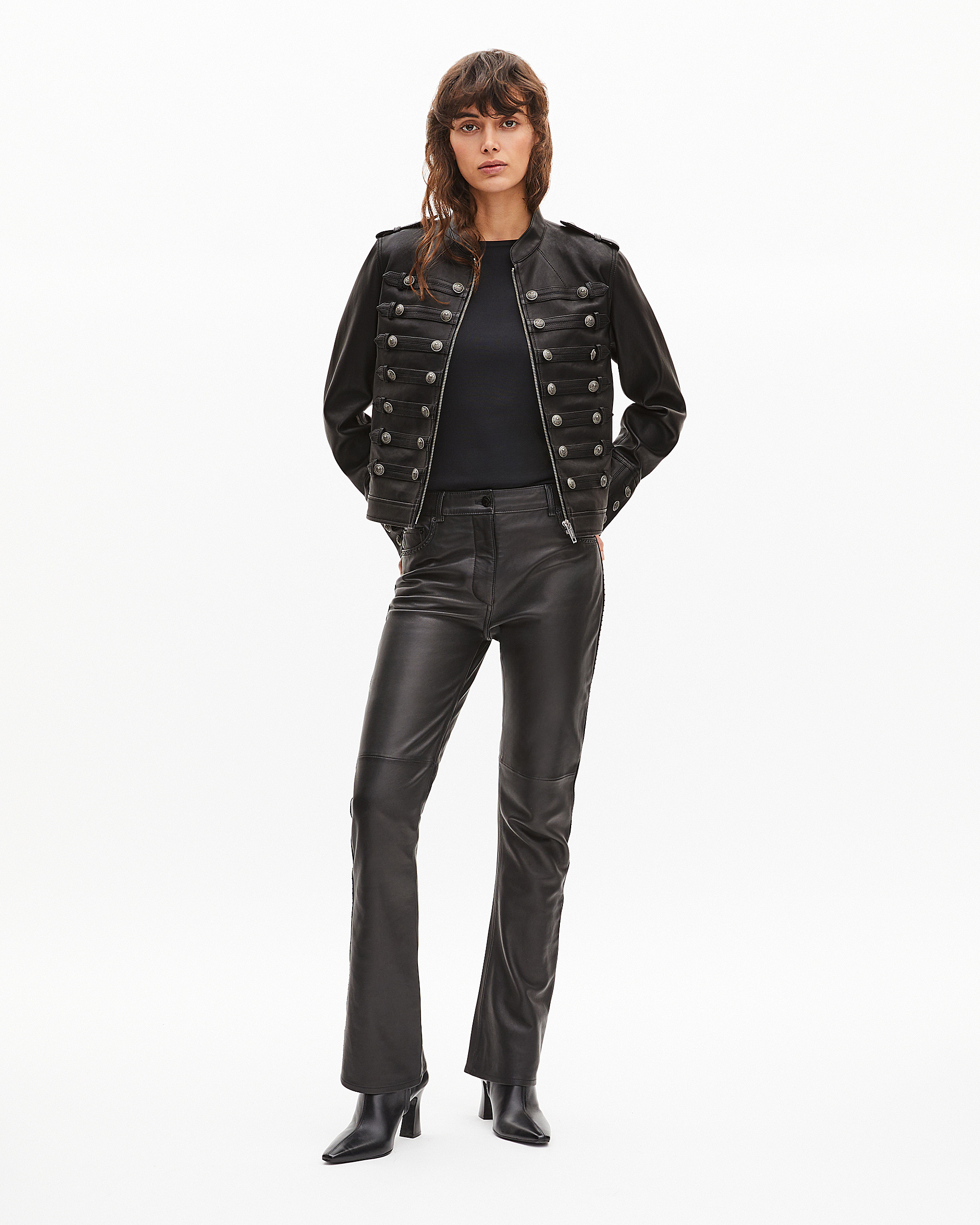 Black officer-style leather jacket
