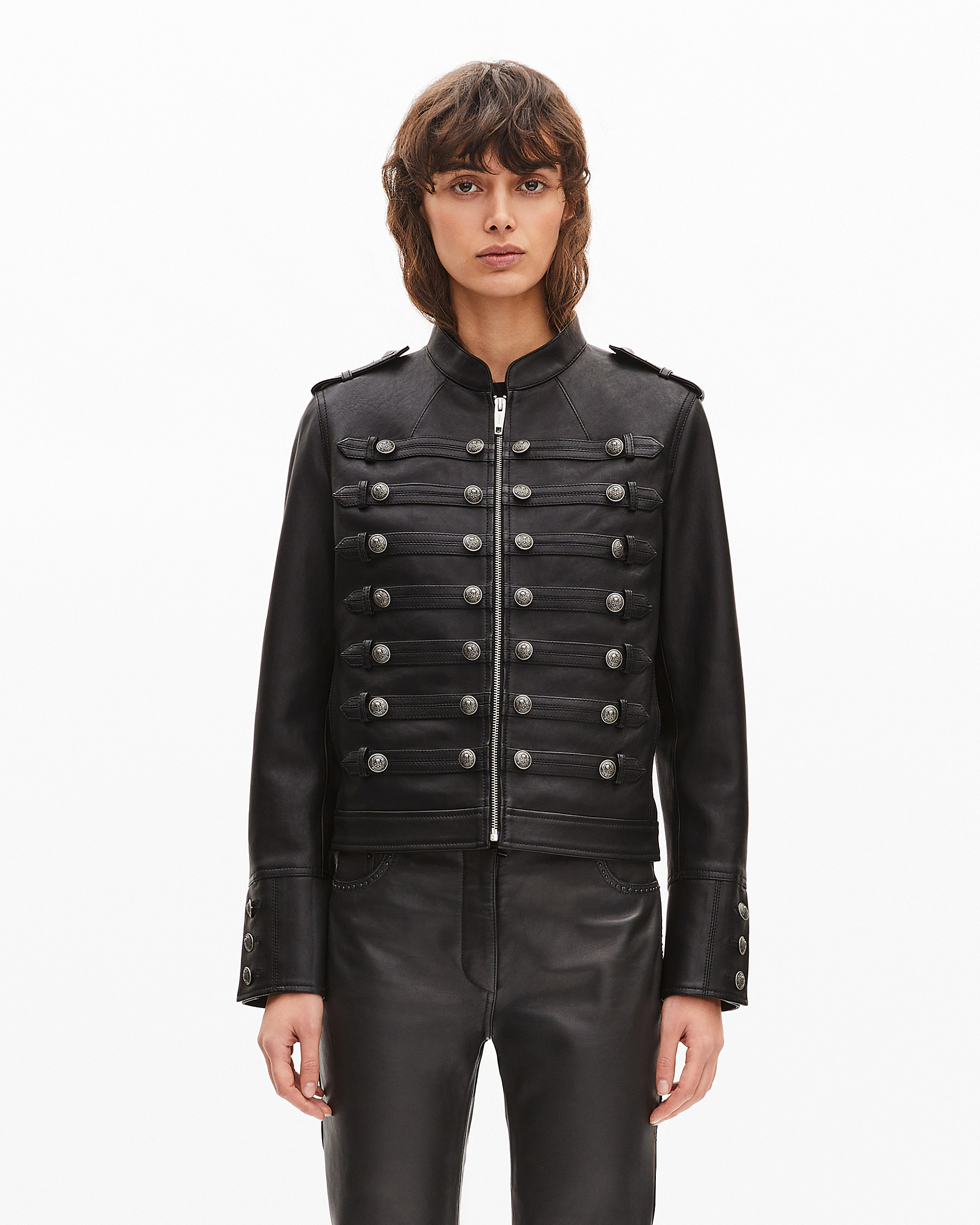Black officer-style leather jacket