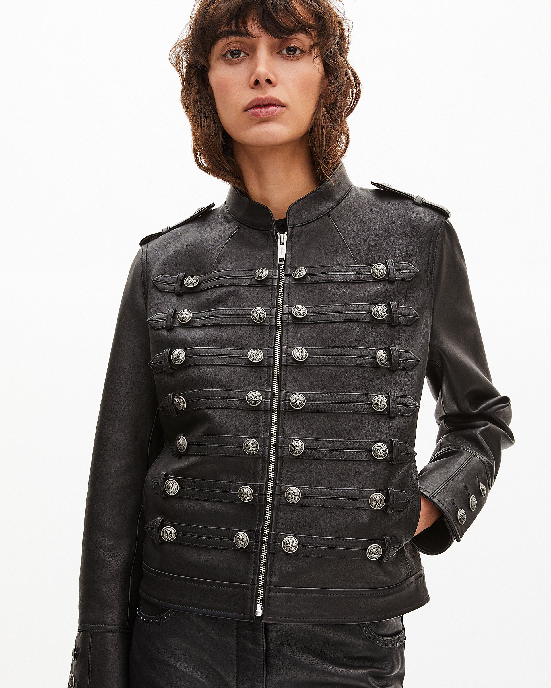 Black officer-style leather jacket