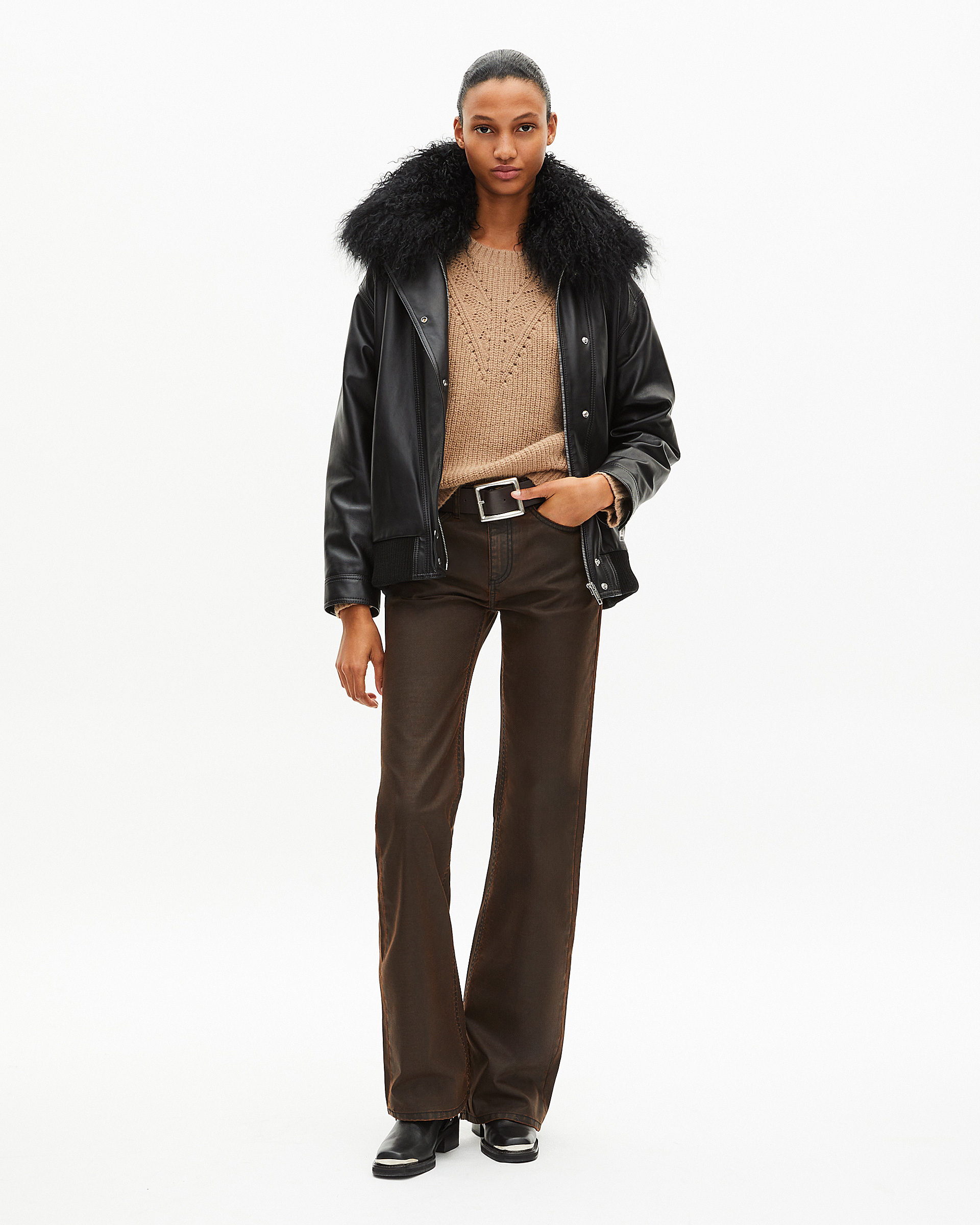 Leather jacket with removable fur collar, black