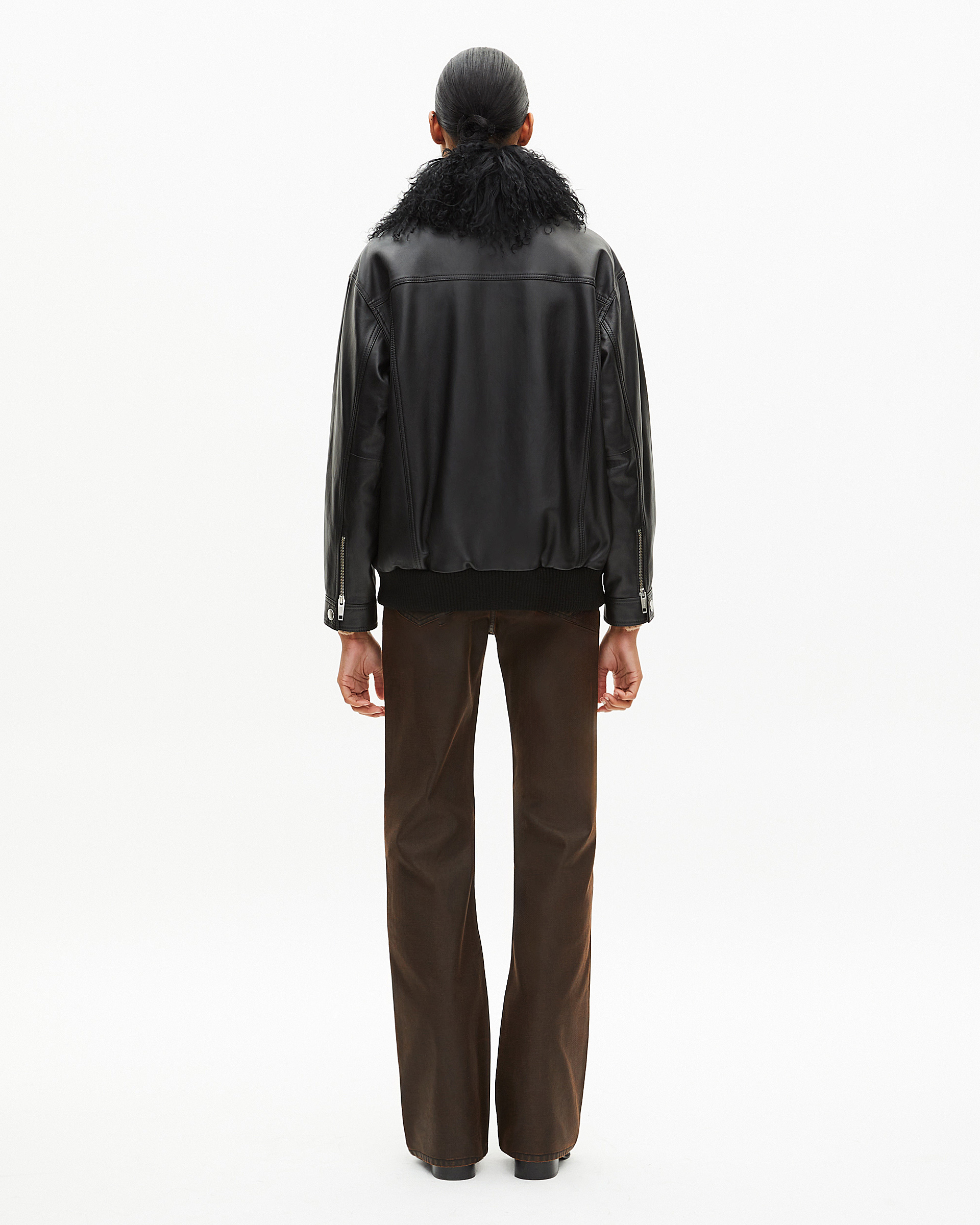 Leather jacket with removable fur collar, black