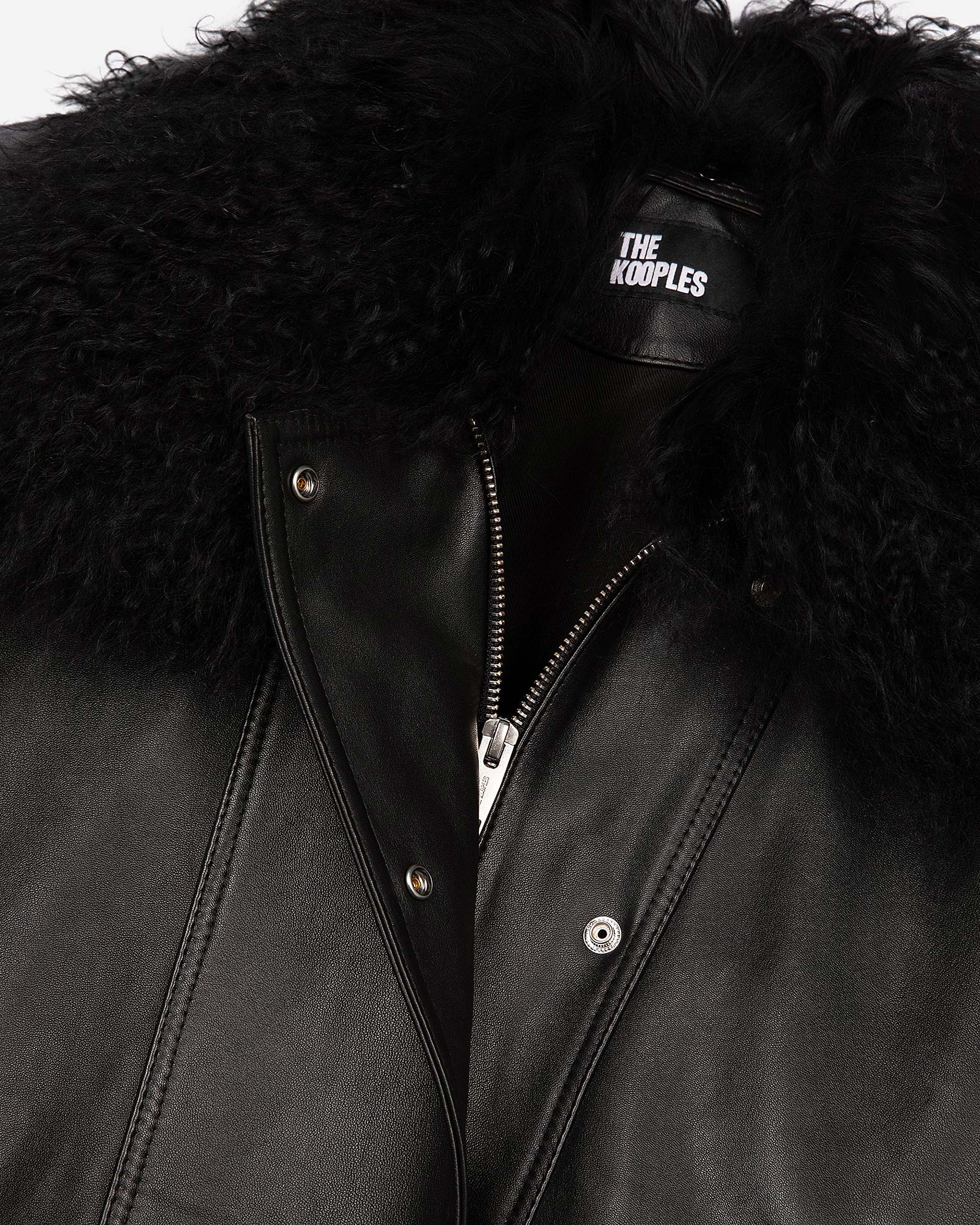 Leather jacket with removable fur collar, black