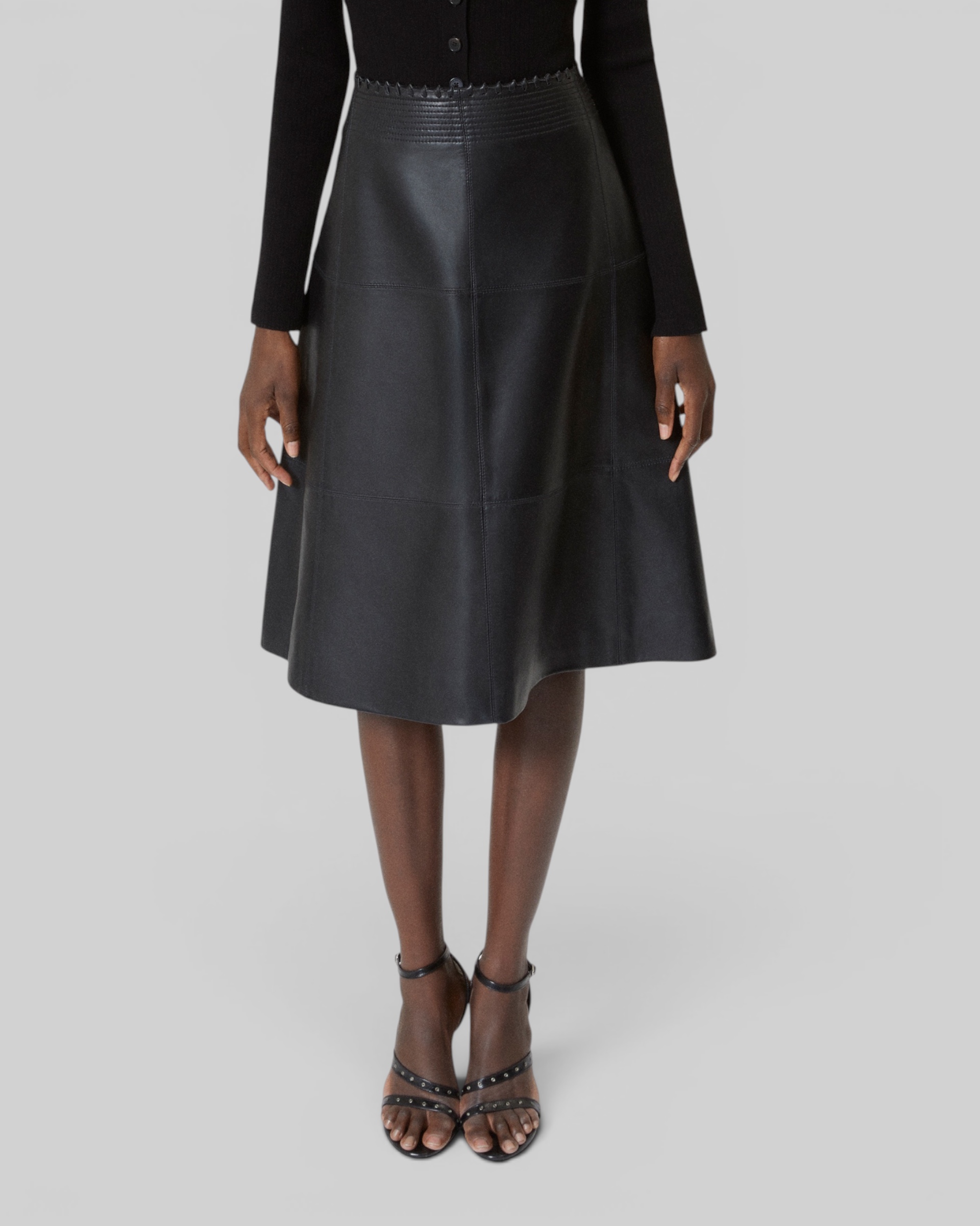 Black leather midi skirt