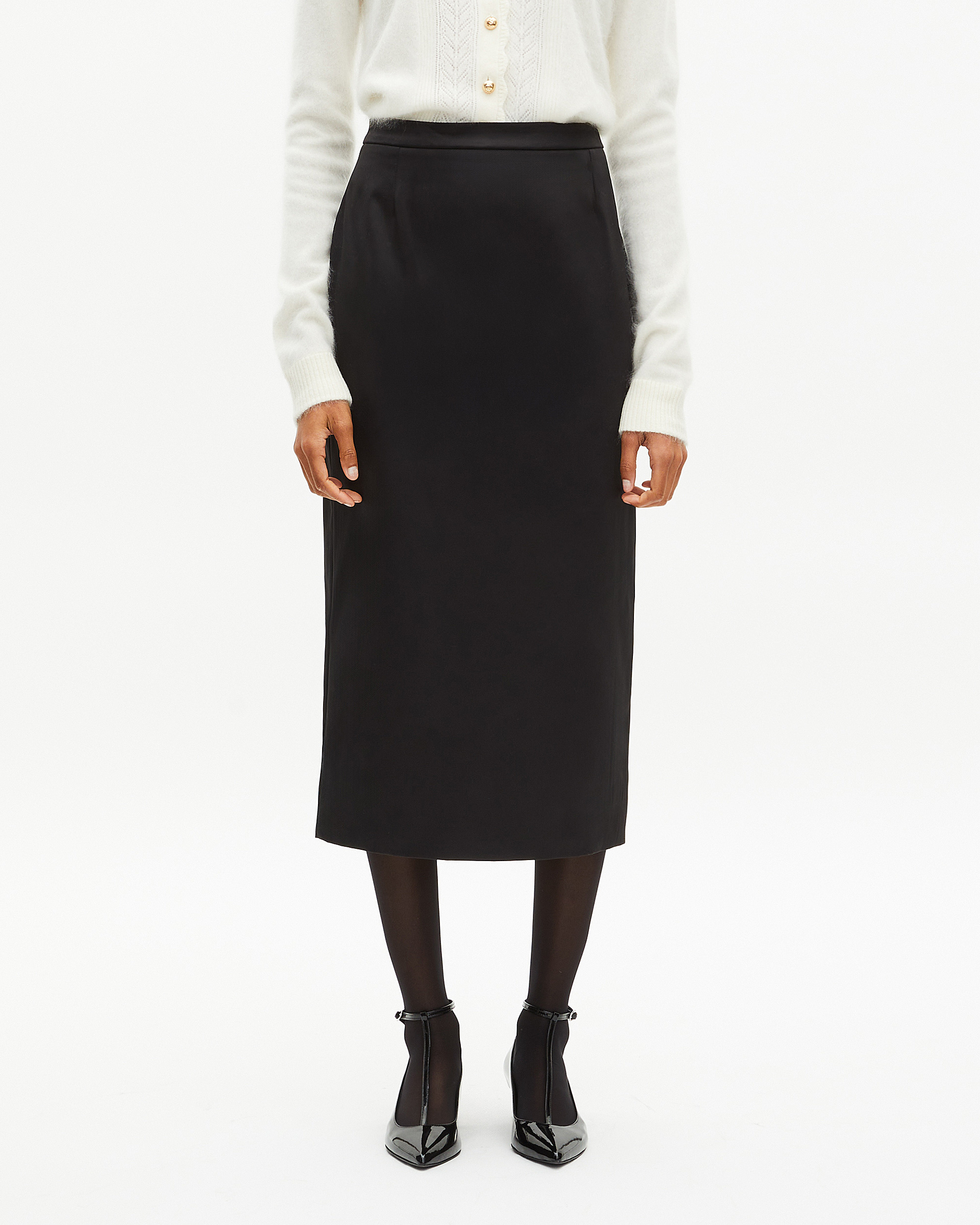 Long black satin pencil skirt
