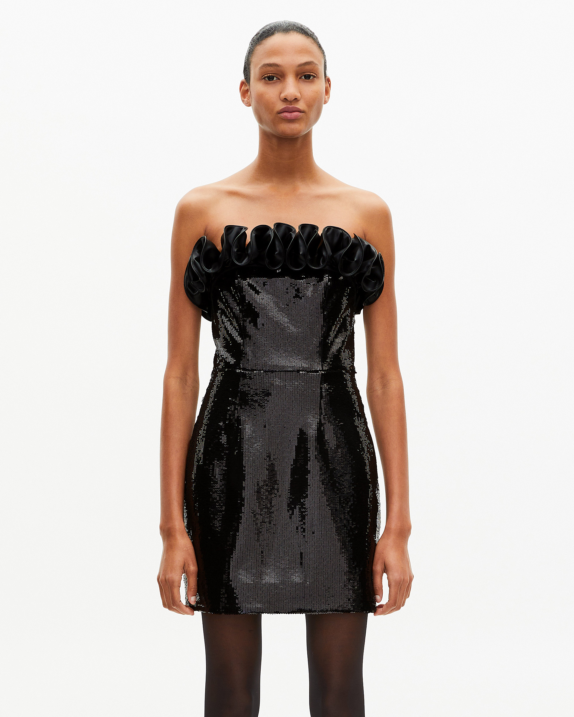 Short strapless sequin dress with leather-effect detail in black