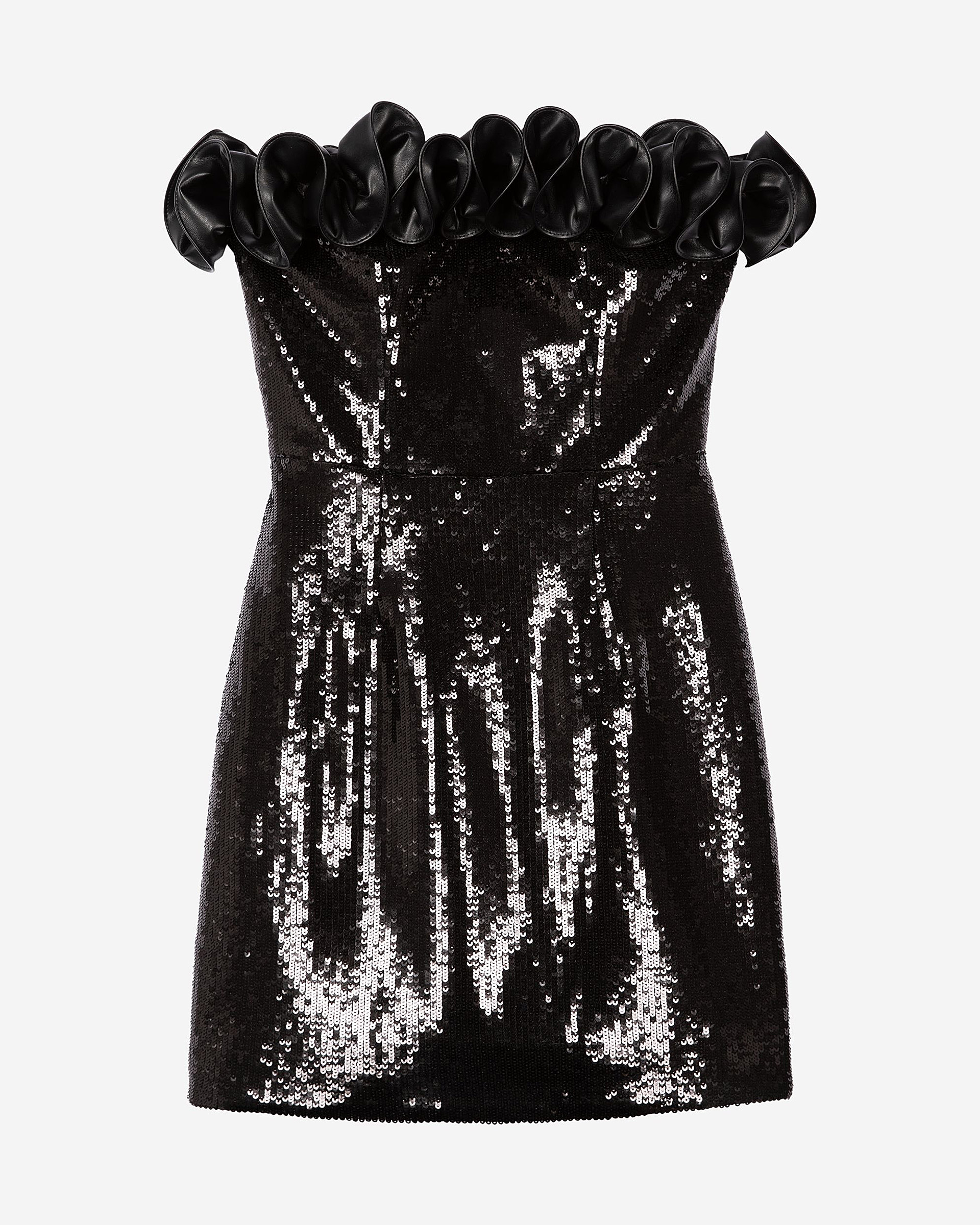 Short strapless sequin dress with leather-effect detail in black