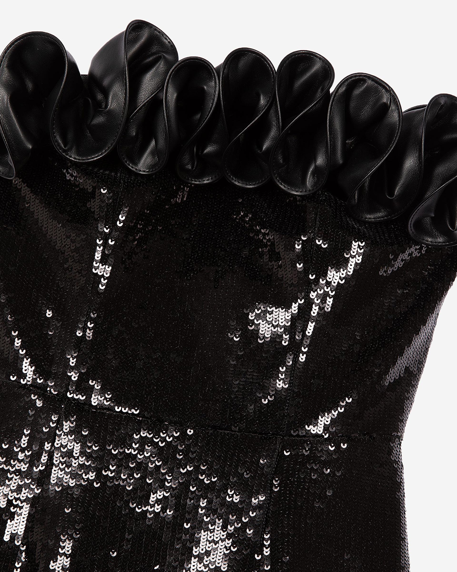 Short strapless sequin dress with leather-effect detail in black