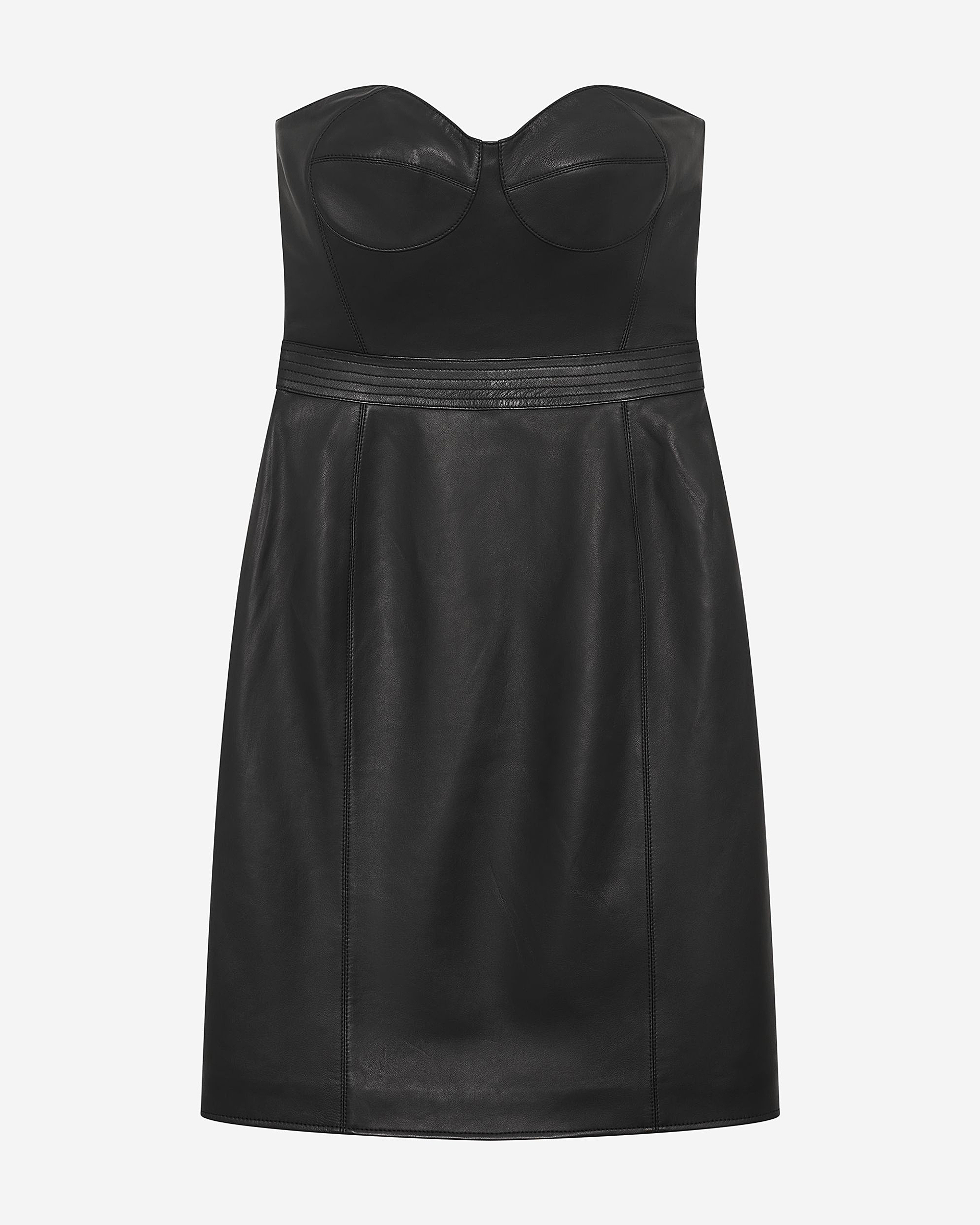 Short strapless black leather dress