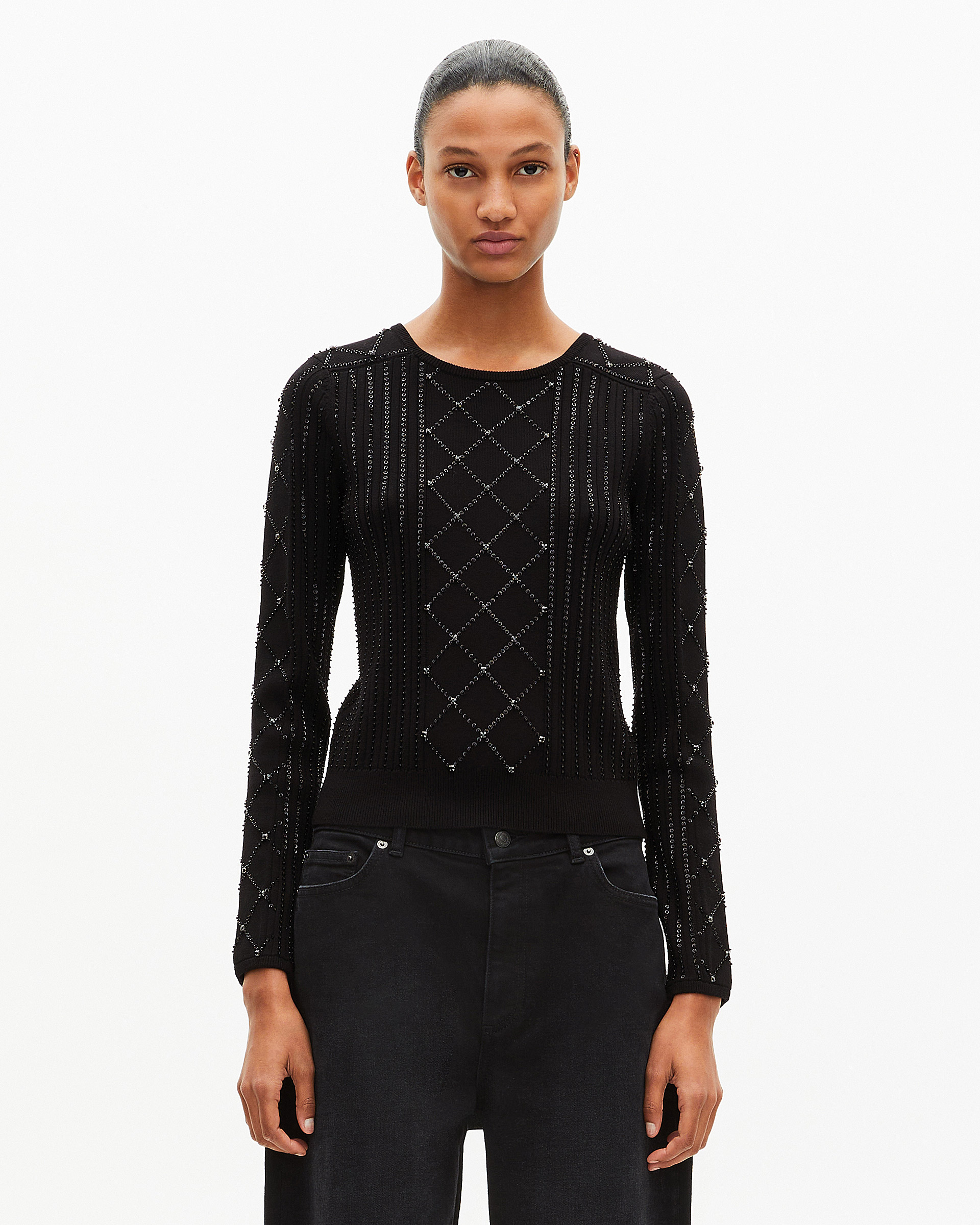 Black rhinestone and pearl sweater