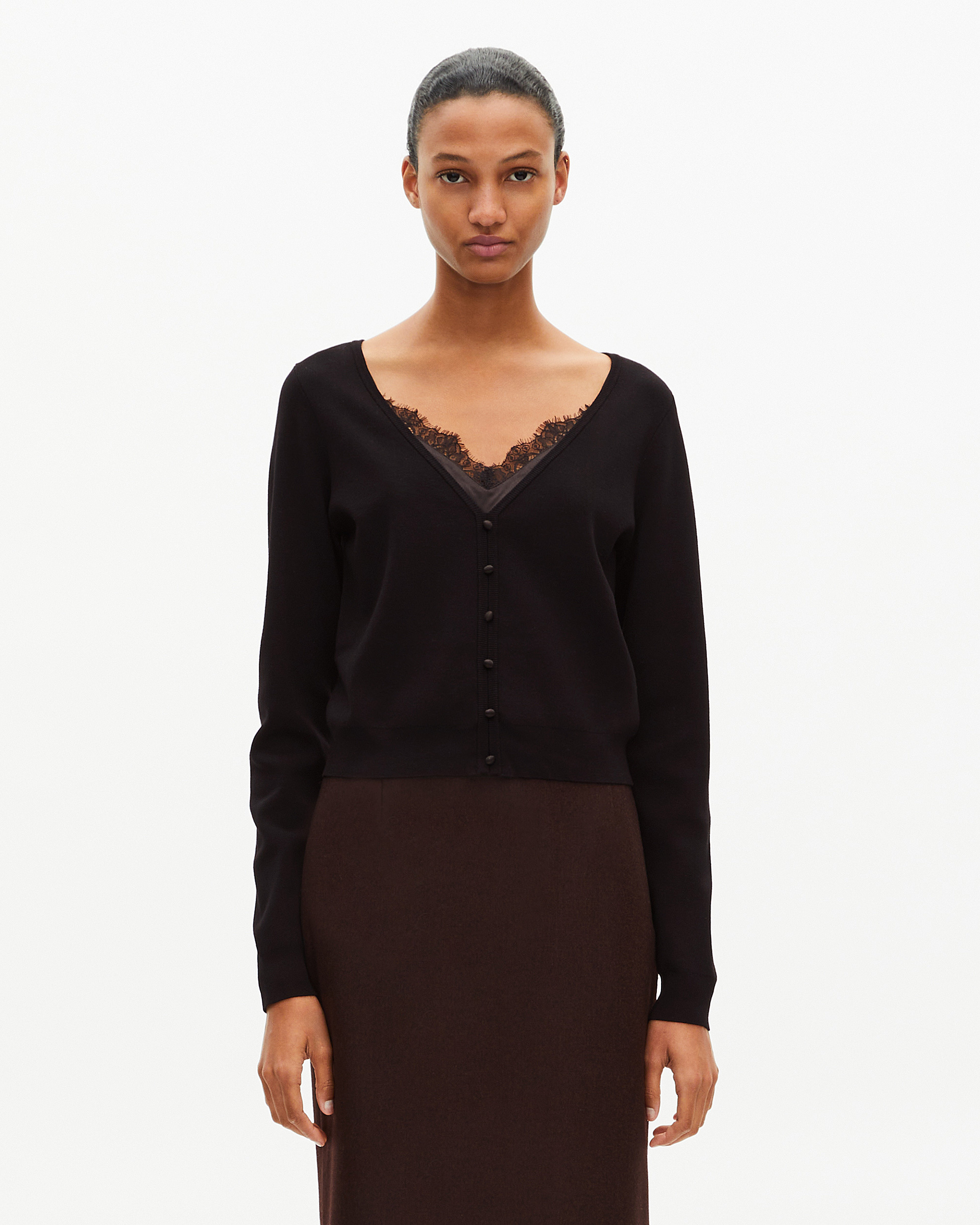 Trompe l'oeil effect sweater with black lace