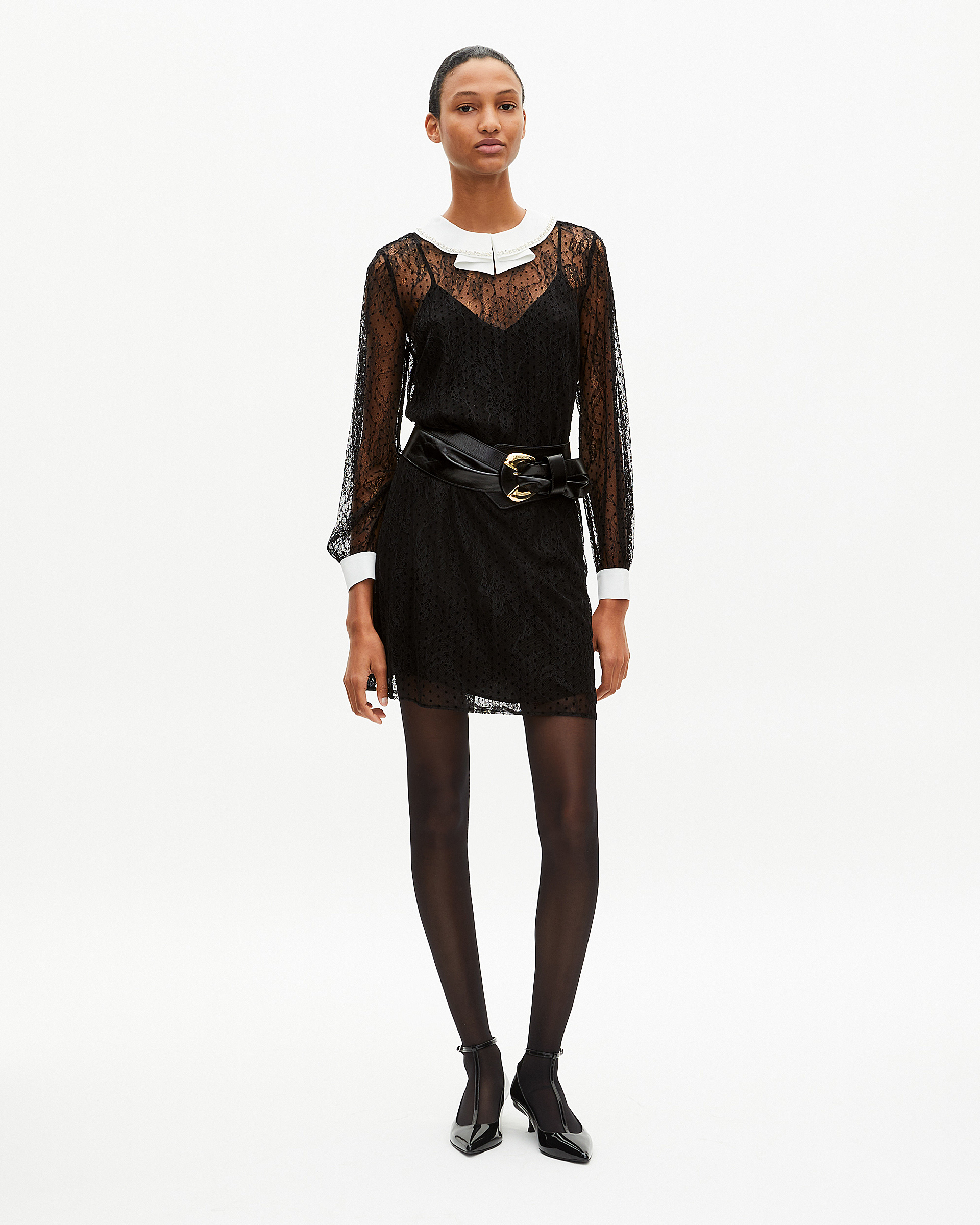 Short dress in black plumetis lace and rhinestones
