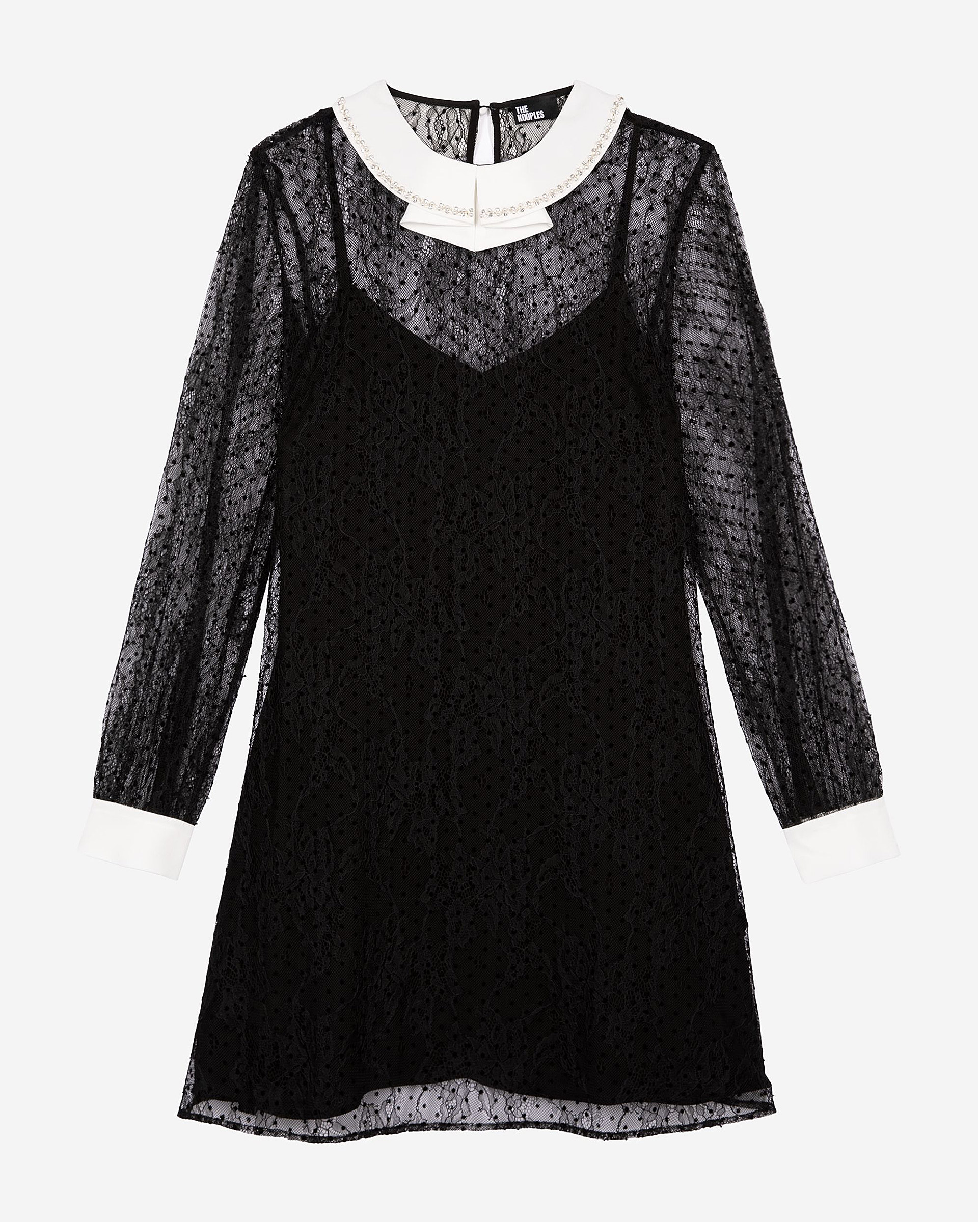 Short dress in black plumetis lace and rhinestones