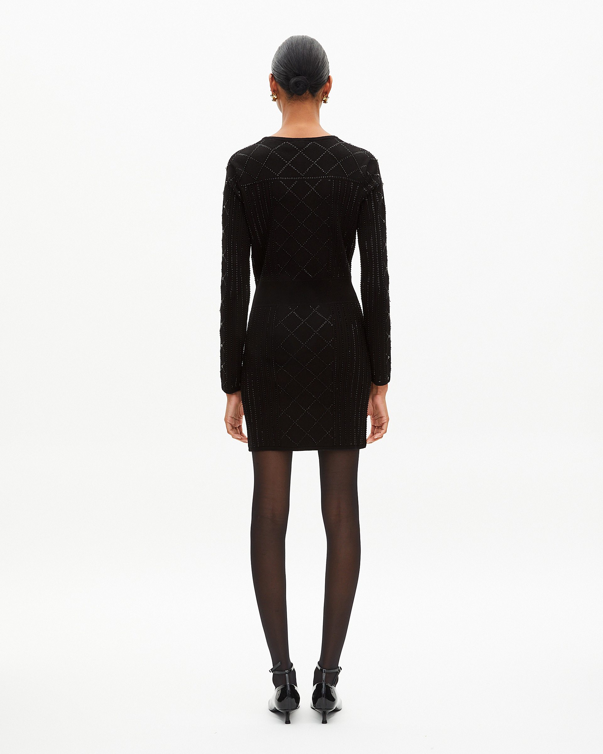 Short knitted dress with rhinestones and pearls, black