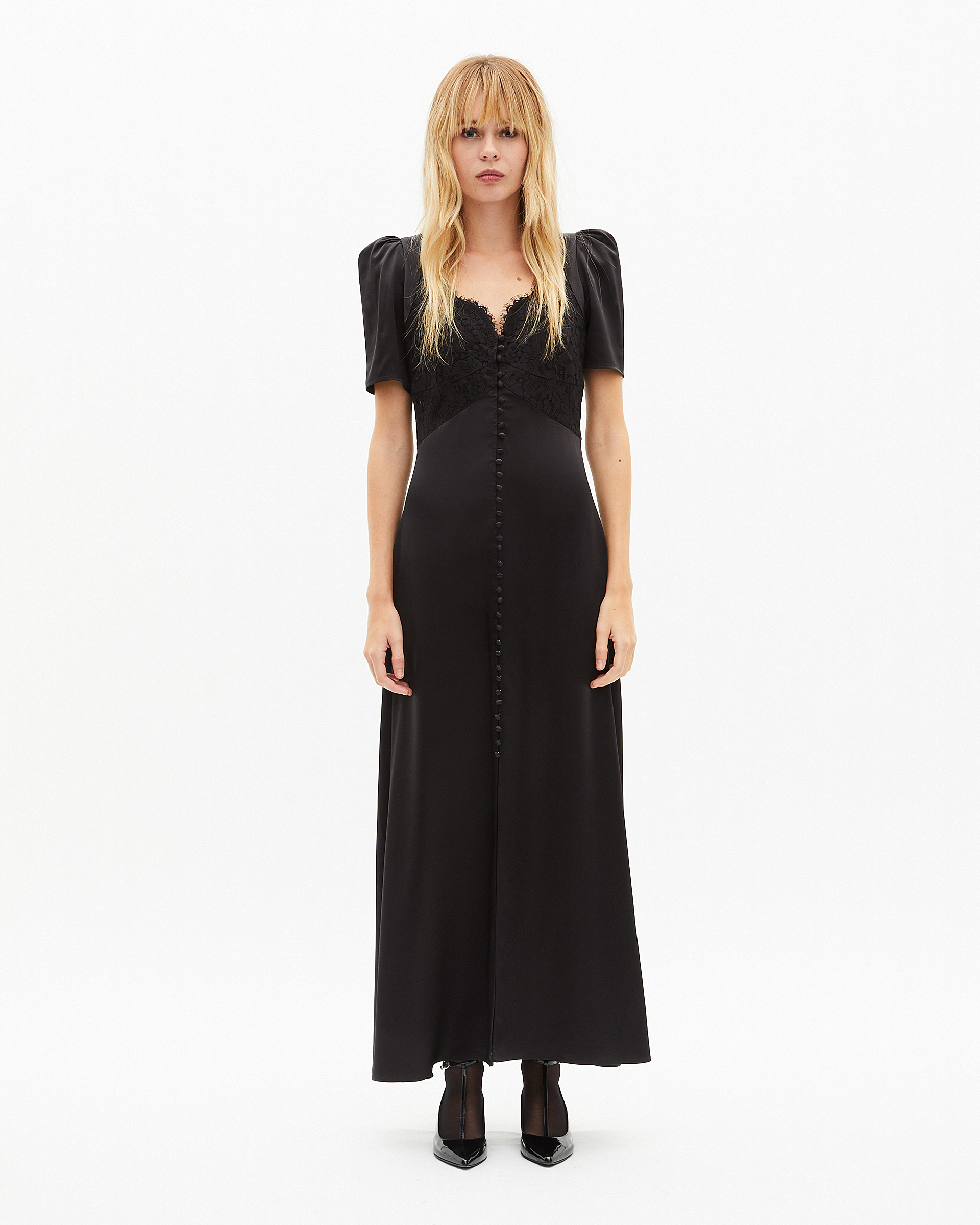 Silk maxi dress with black lace