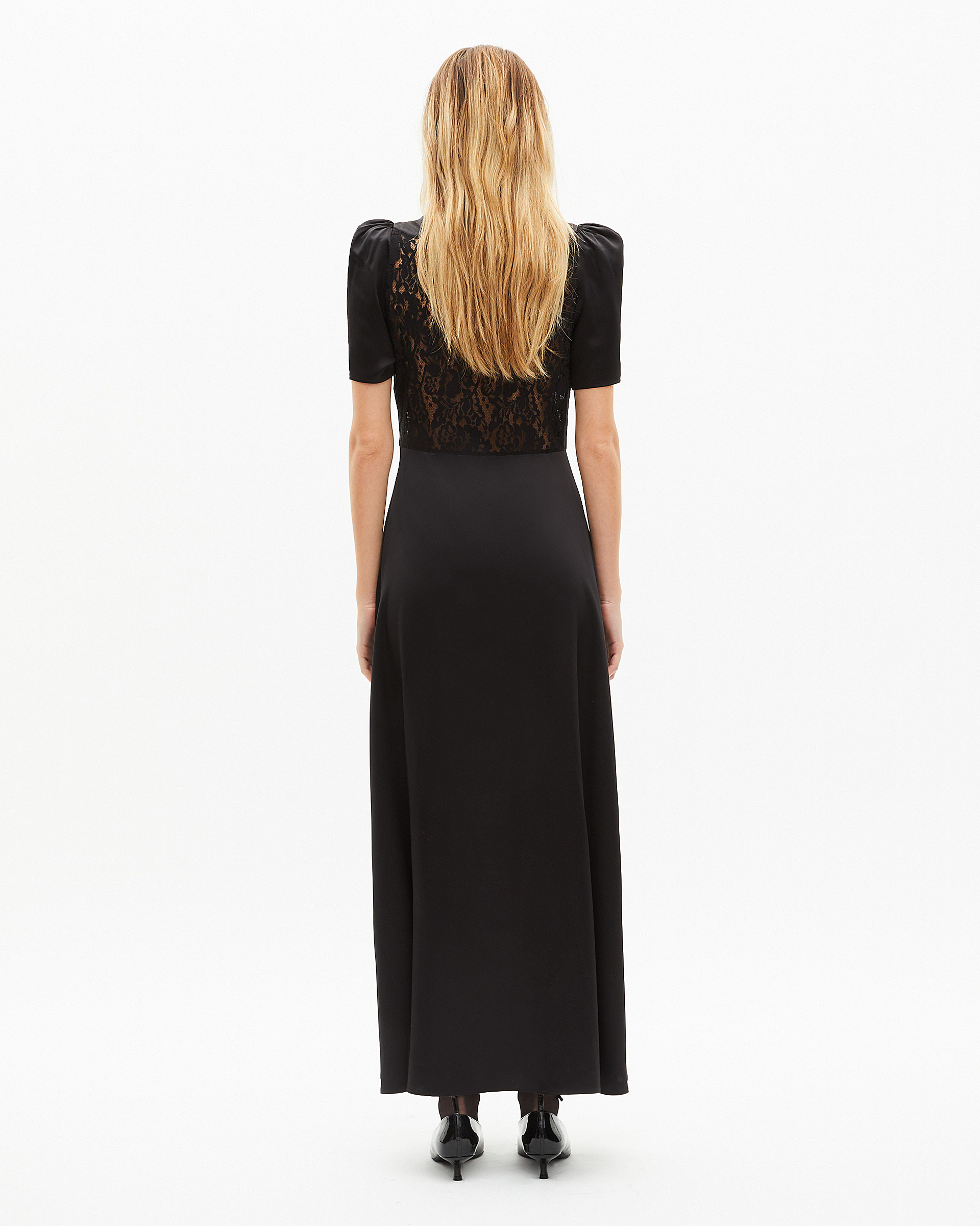Silk maxi dress with black lace