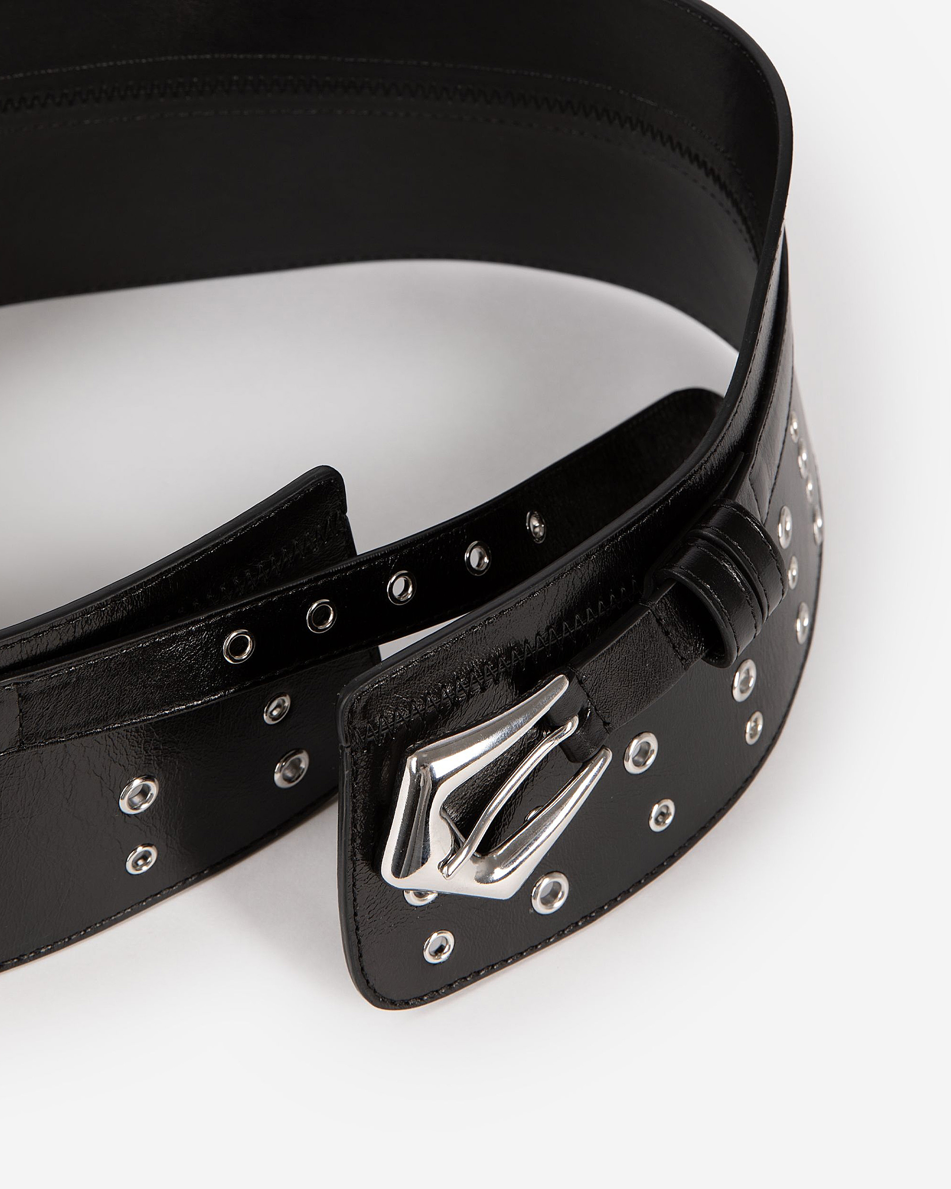 Black leather corset belt with eyelets