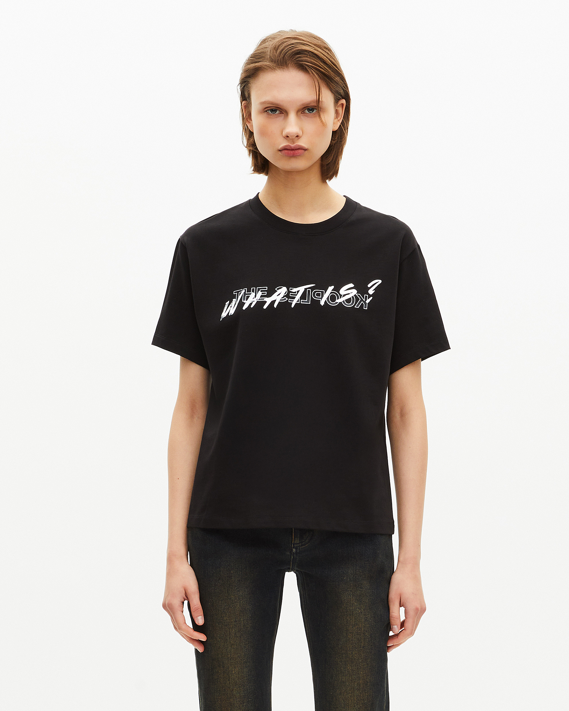 'What Is' T-shirt in black metallic finish