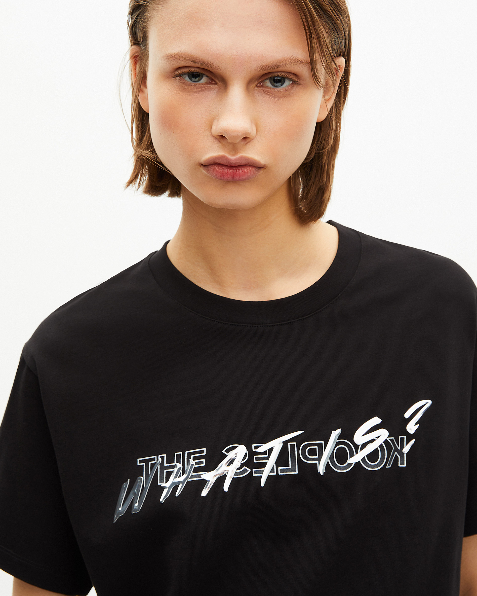 'What Is' T-shirt in black metallic finish