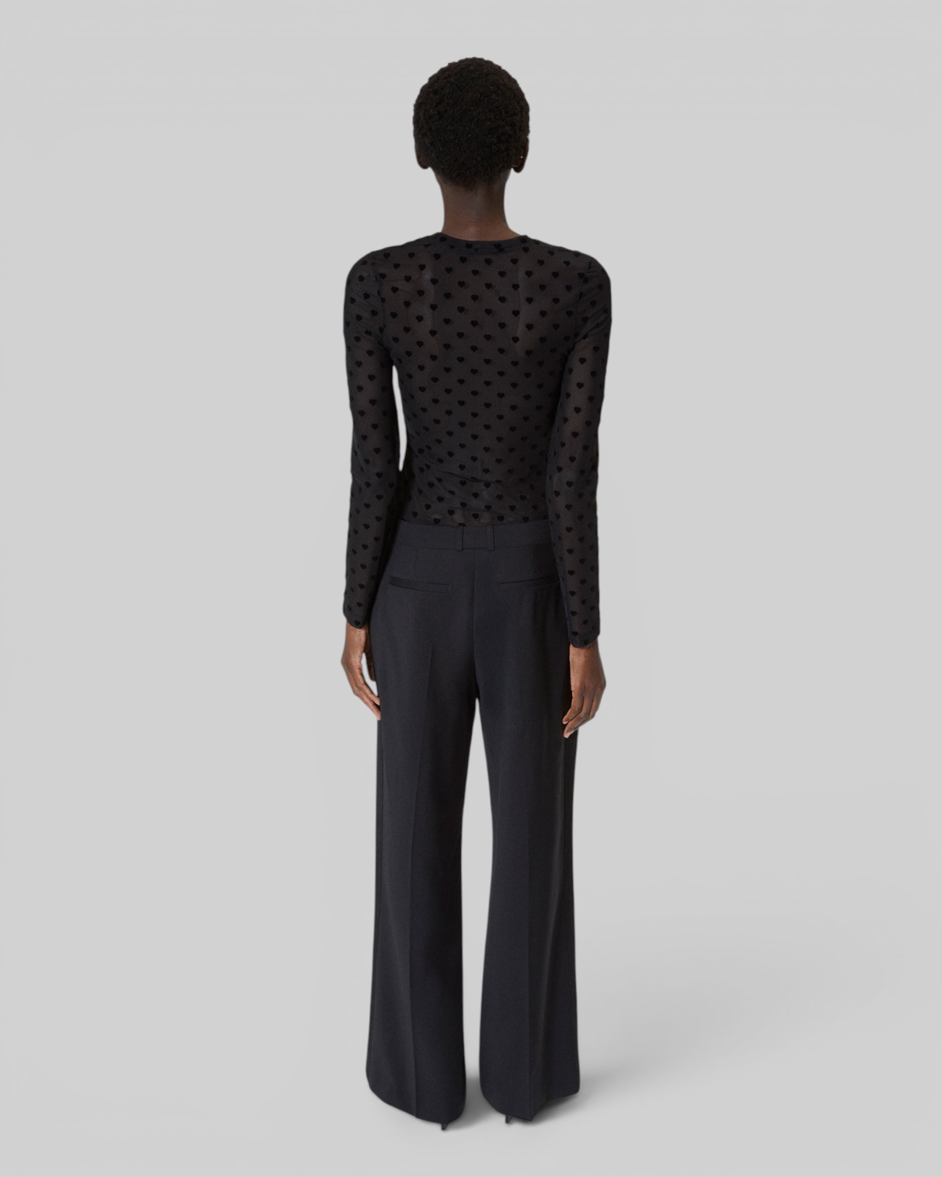 Black hearts flocked mesh long-sleeve T-shirt