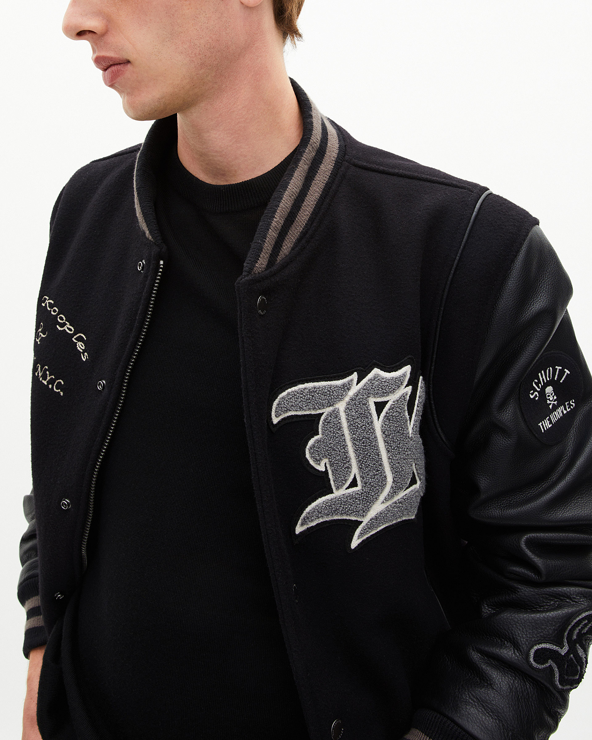 Black leather varsity jacket The Kooples x SCHOTT NYC