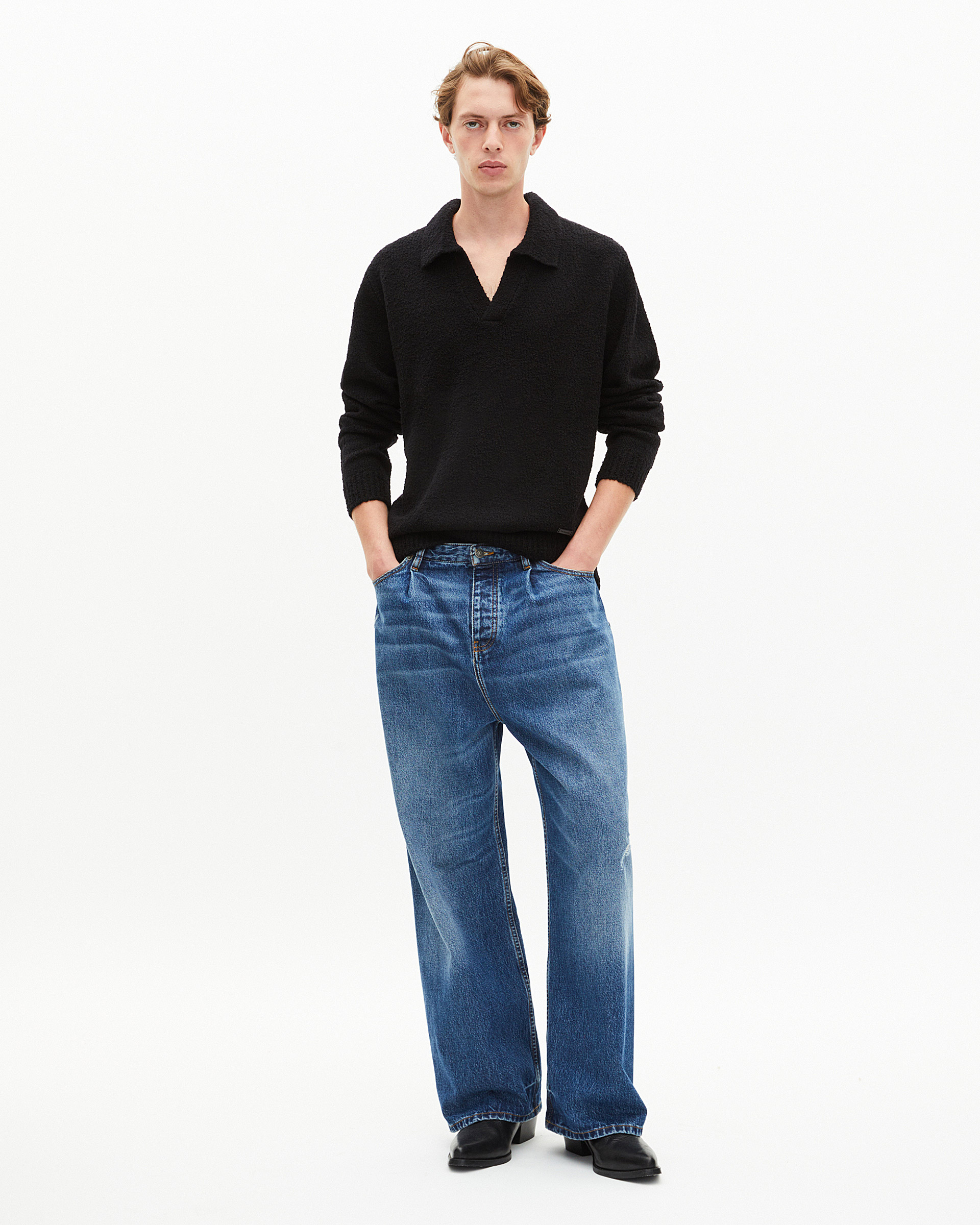 Black wool tunisian collar sweater