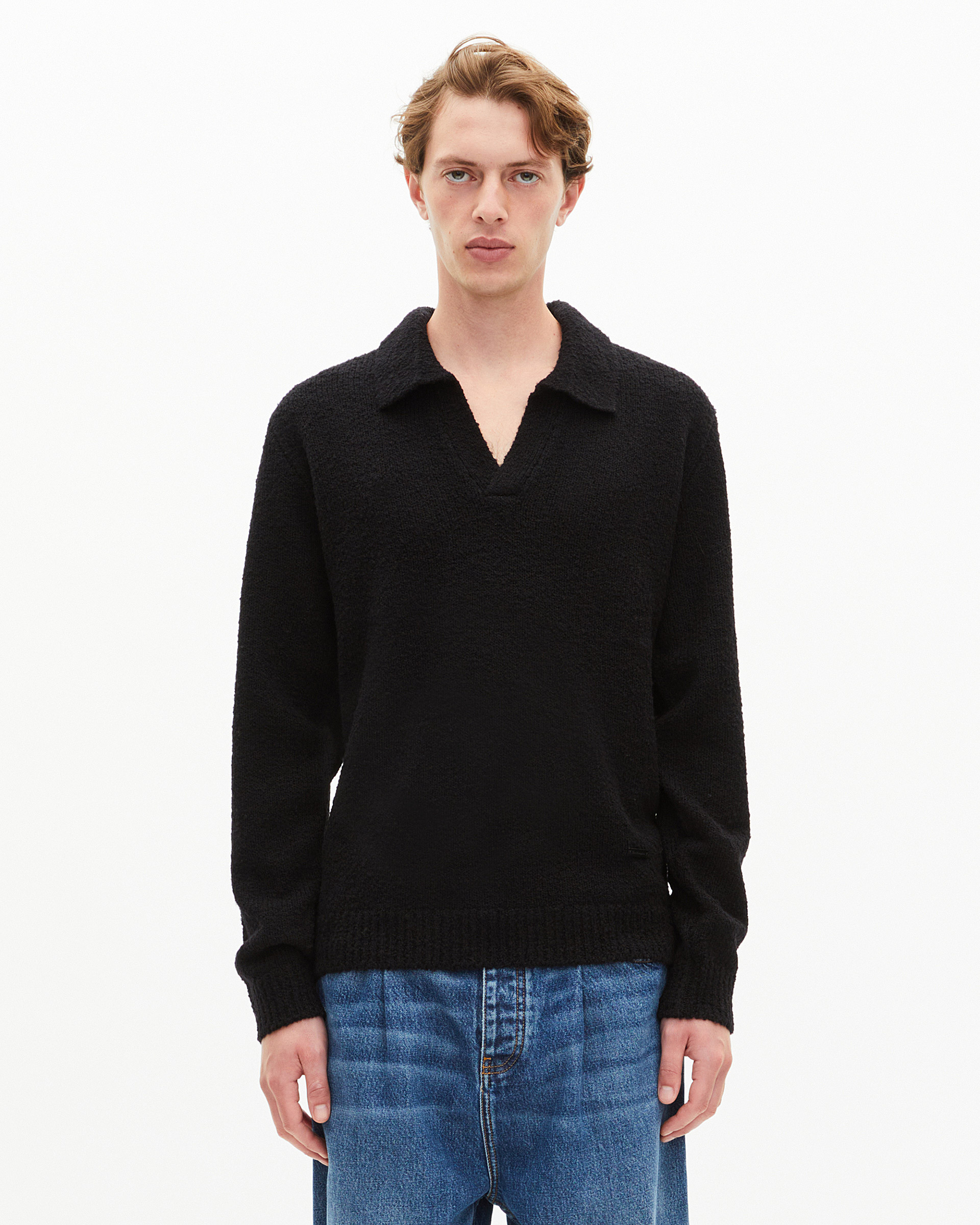 Black wool tunisian collar sweater