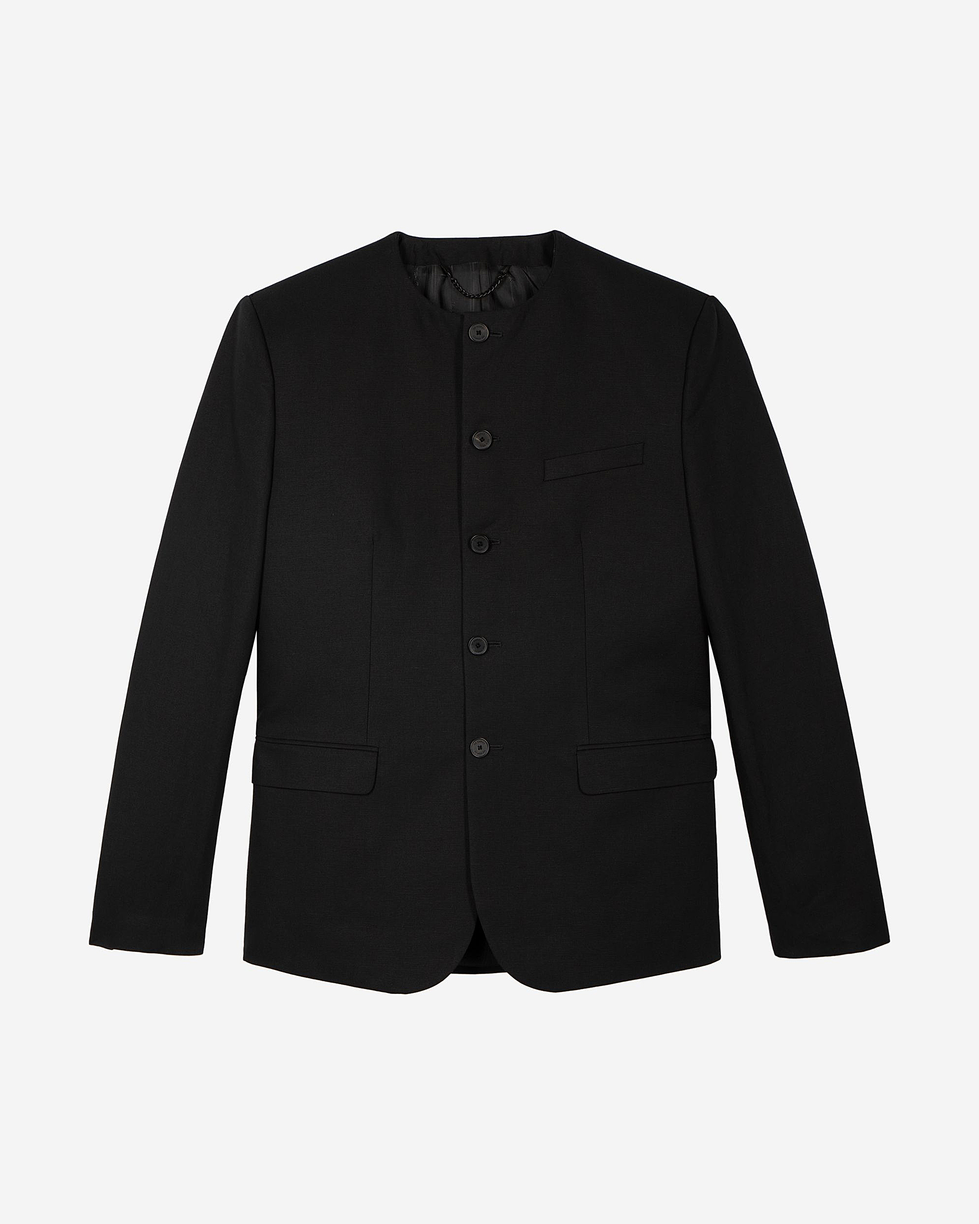 Black collarless jacket