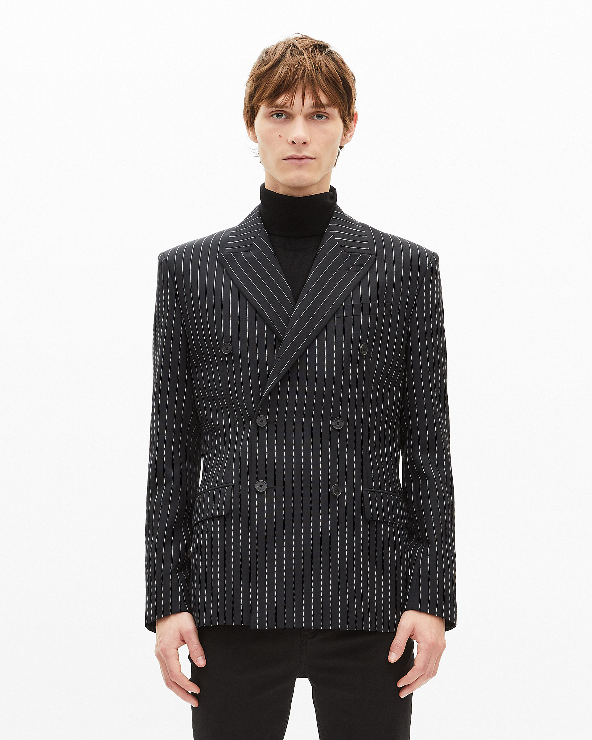 Black double-breasted striped jacket