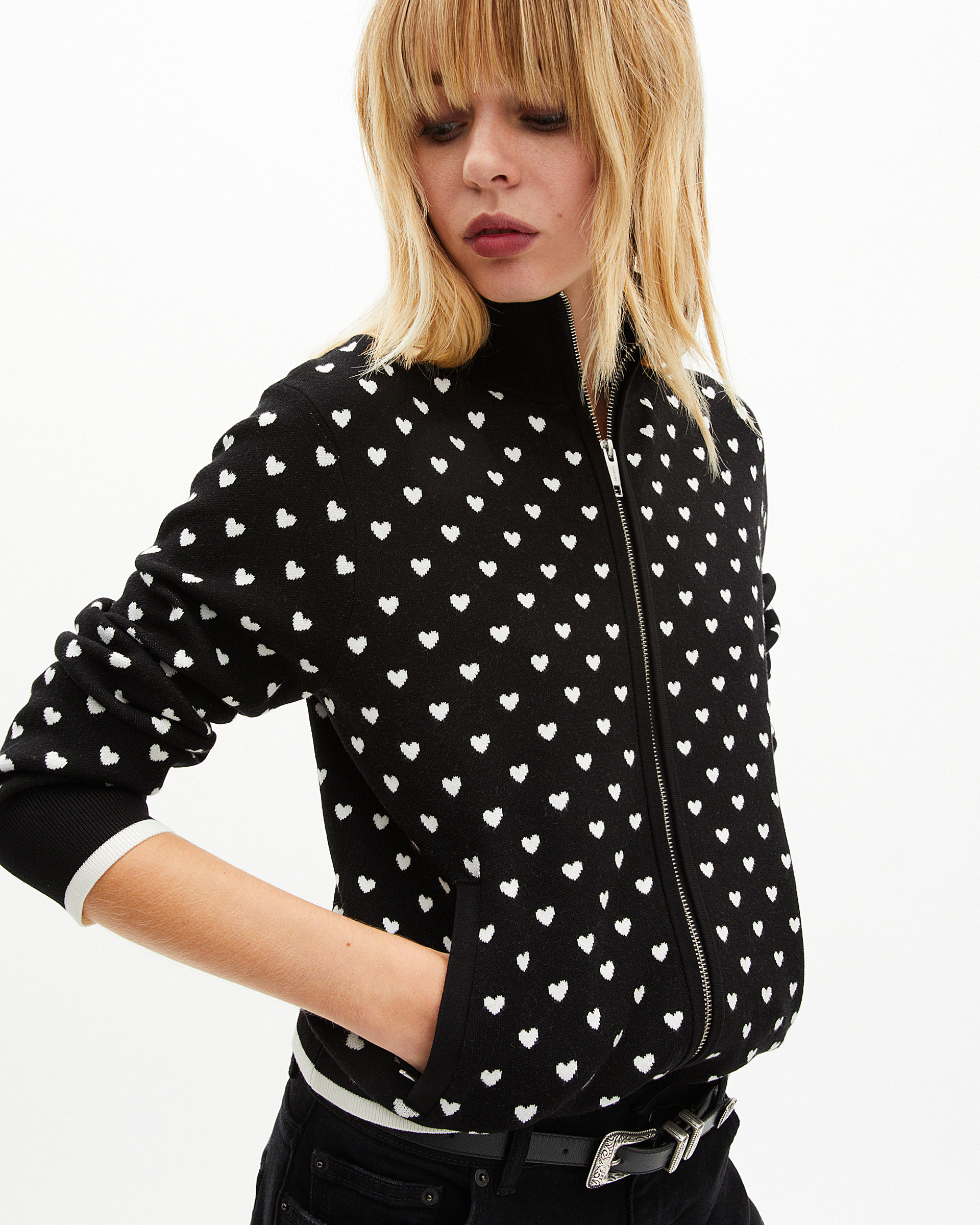 Black heart-print zipped cardigan
