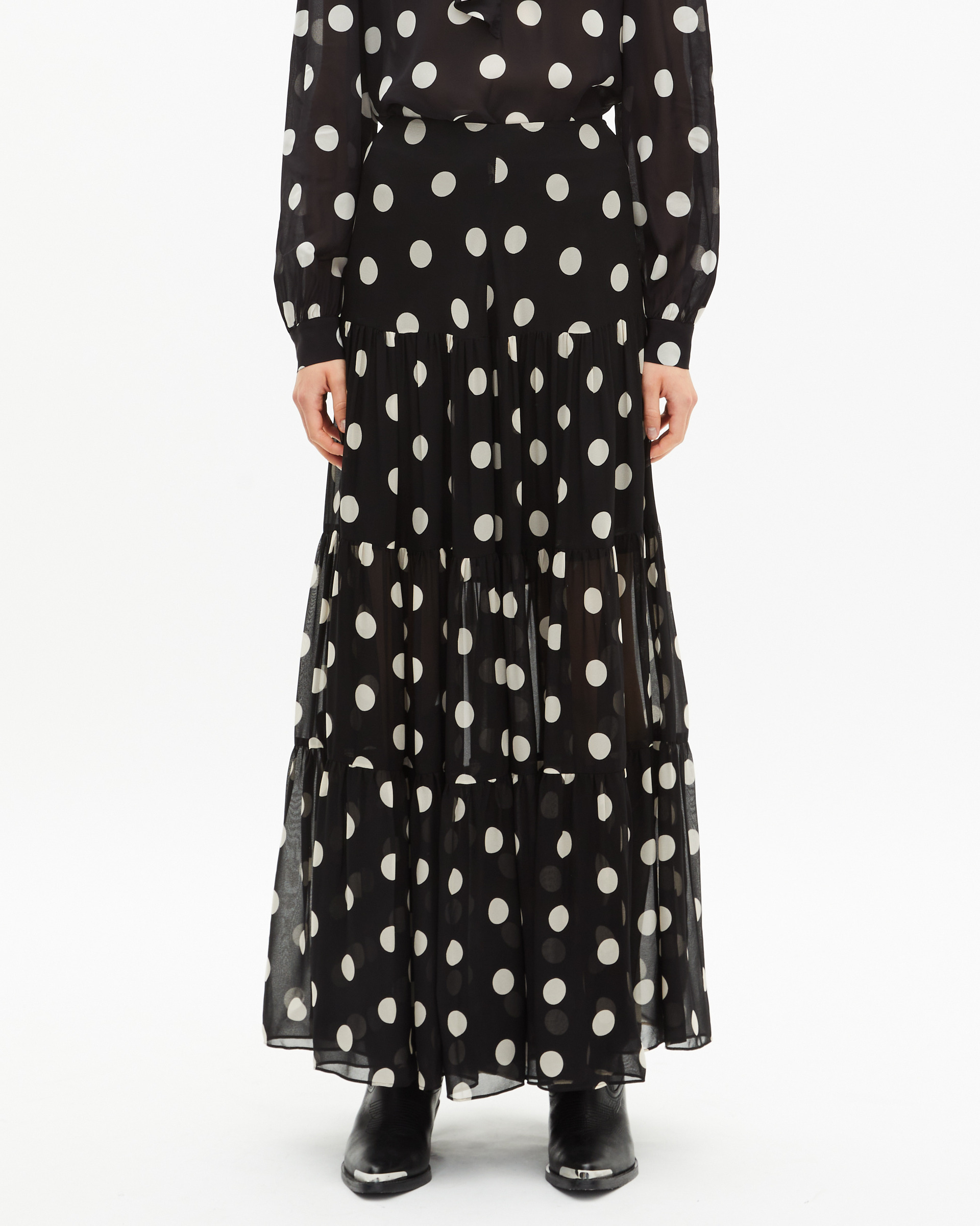 Black polka dot print long skirt
