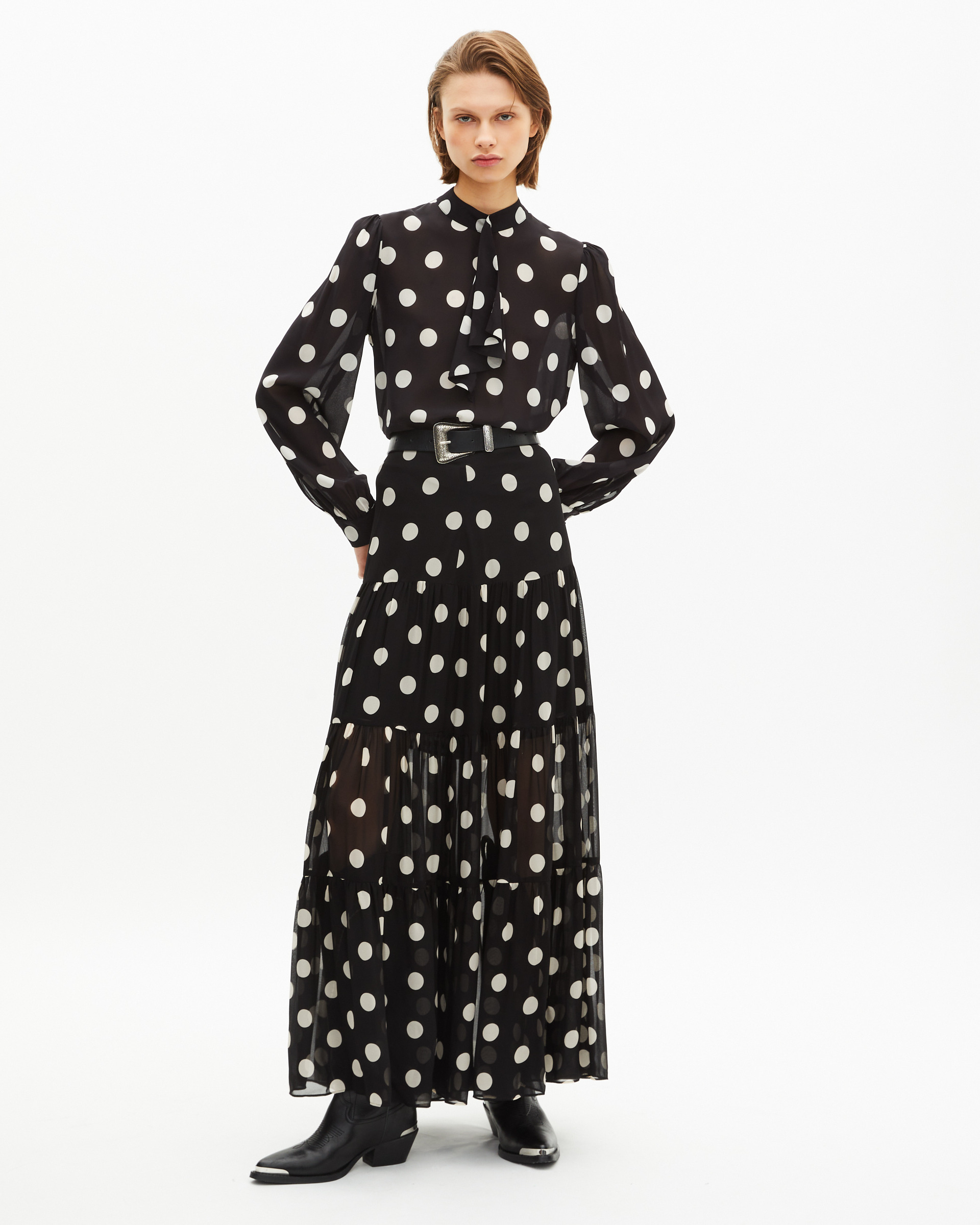 Black polka dot print long skirt