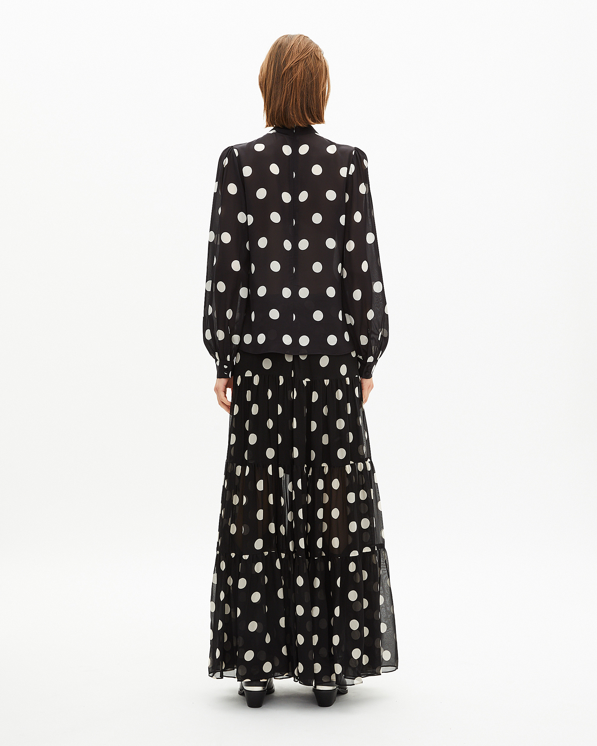 Black silk blend polka dot print top