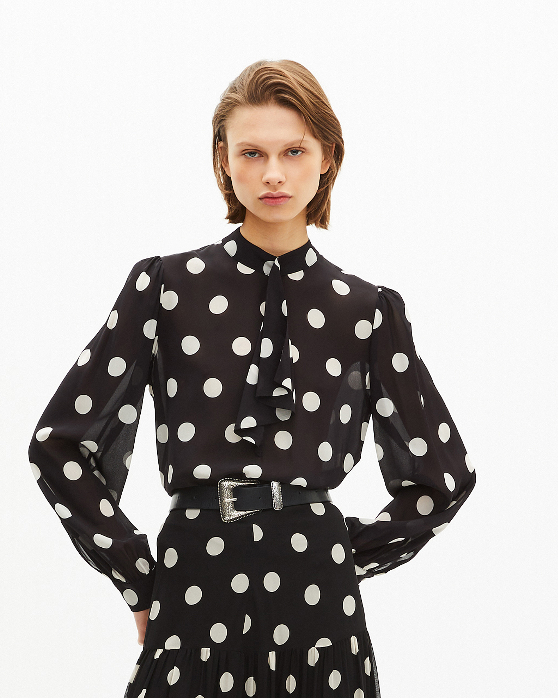 Black silk blend polka dot print top