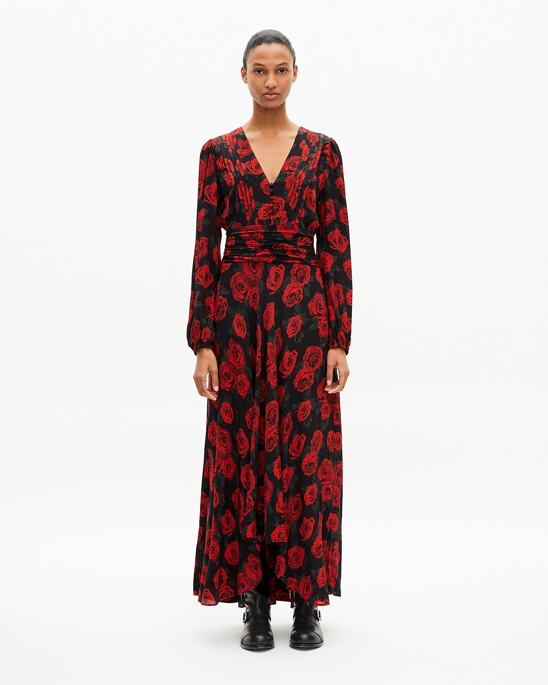 Red floral print maxi dress