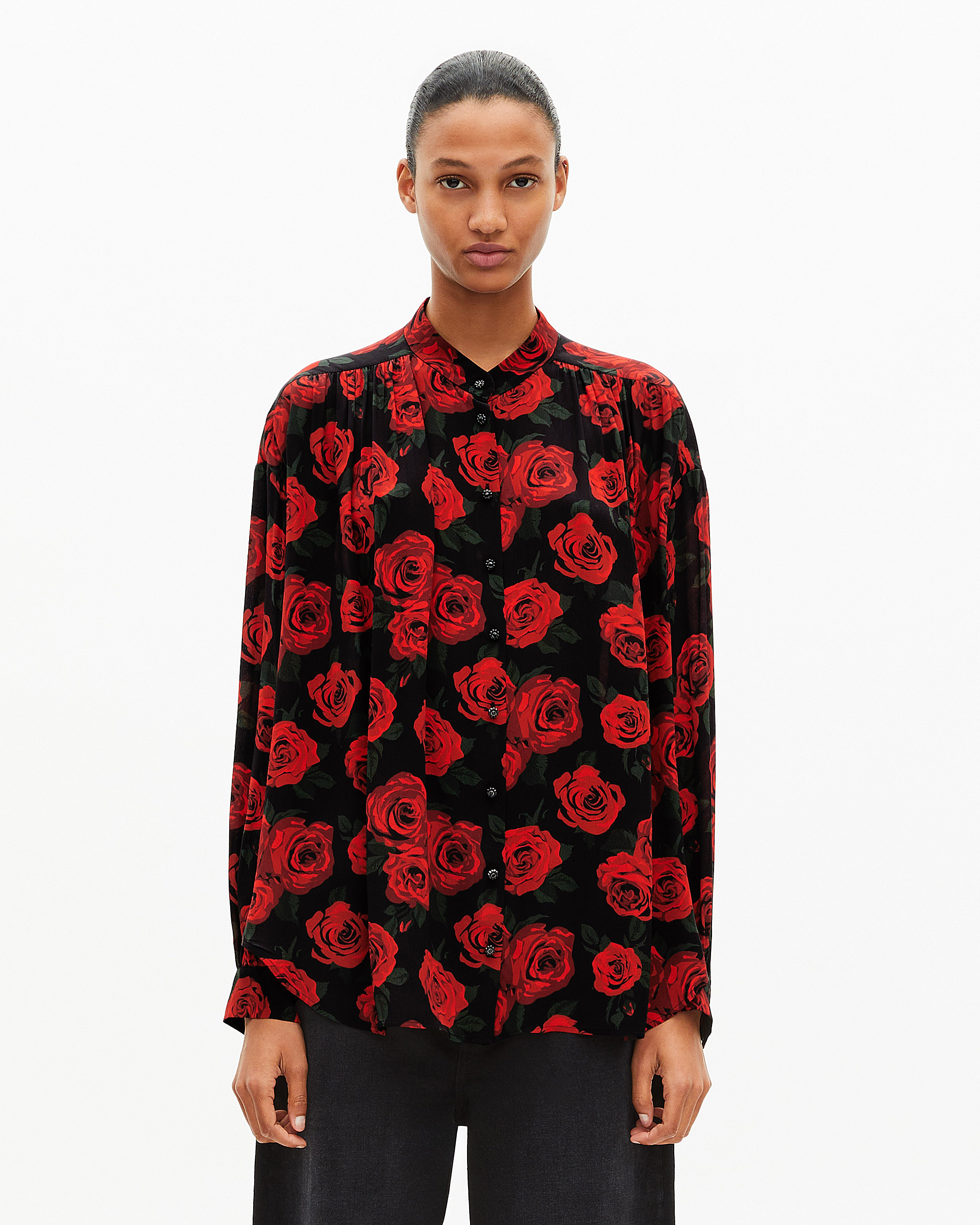 Loose-fitting black floral print shirt