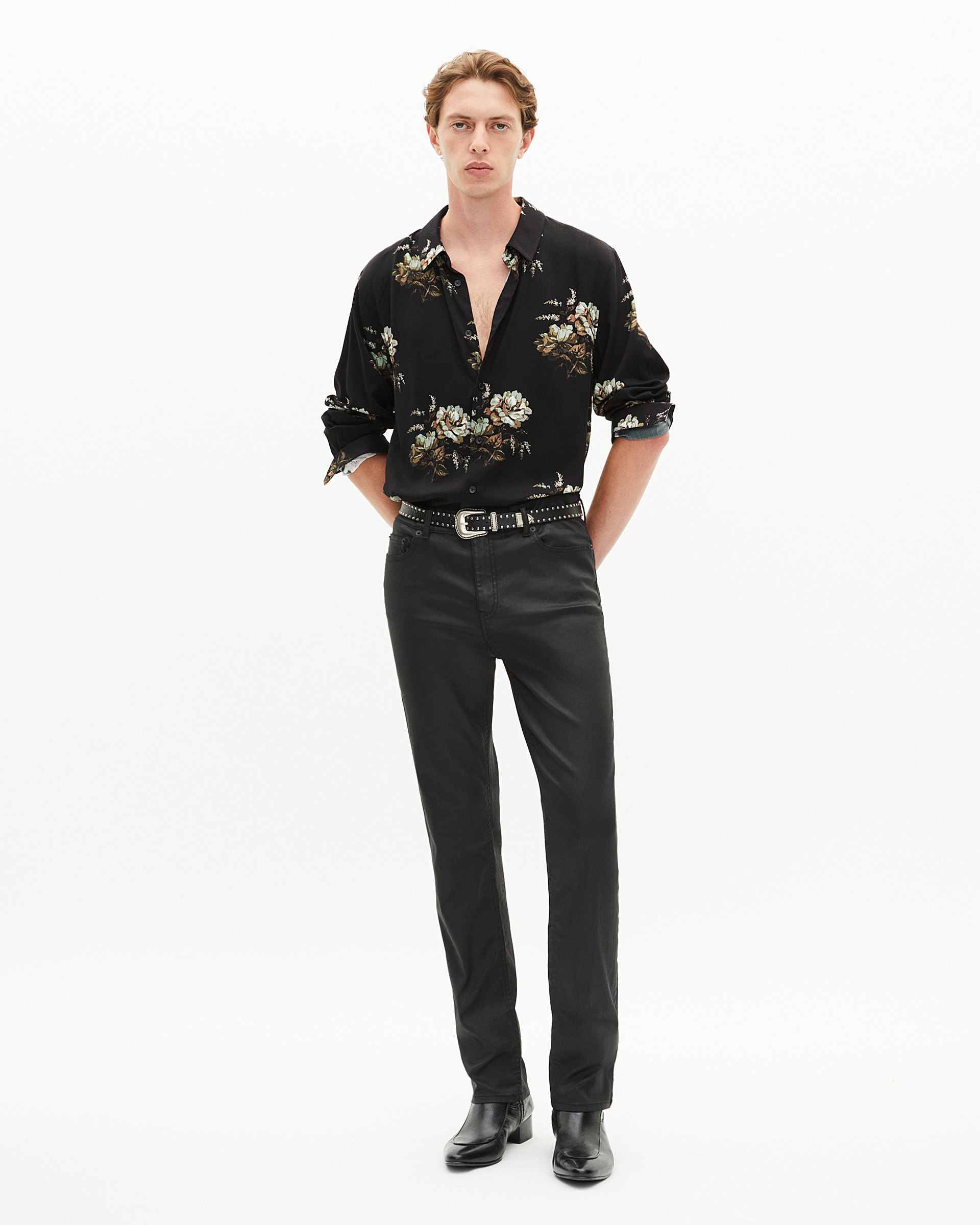 Green and black floral print shirt