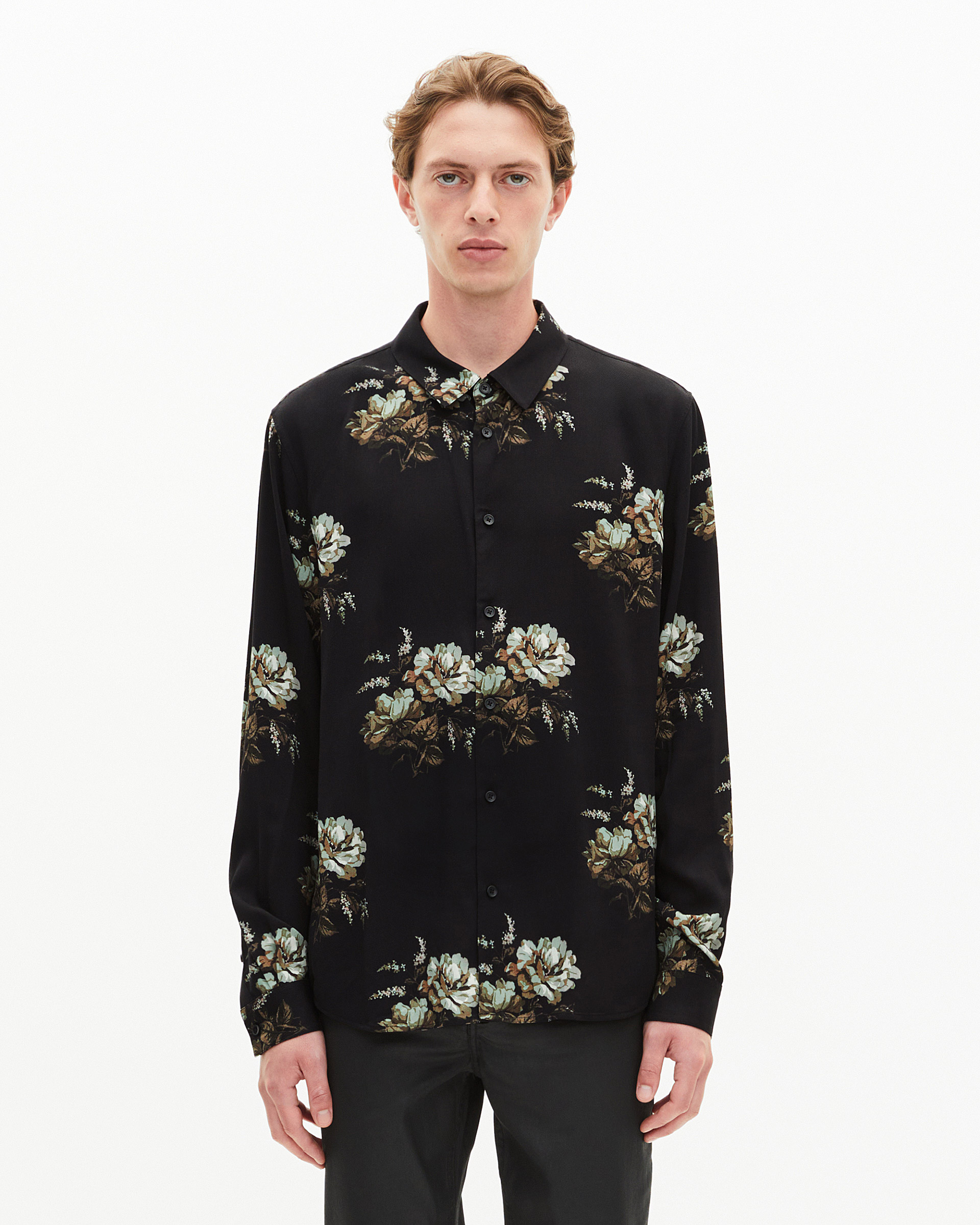 Green and black floral print shirt