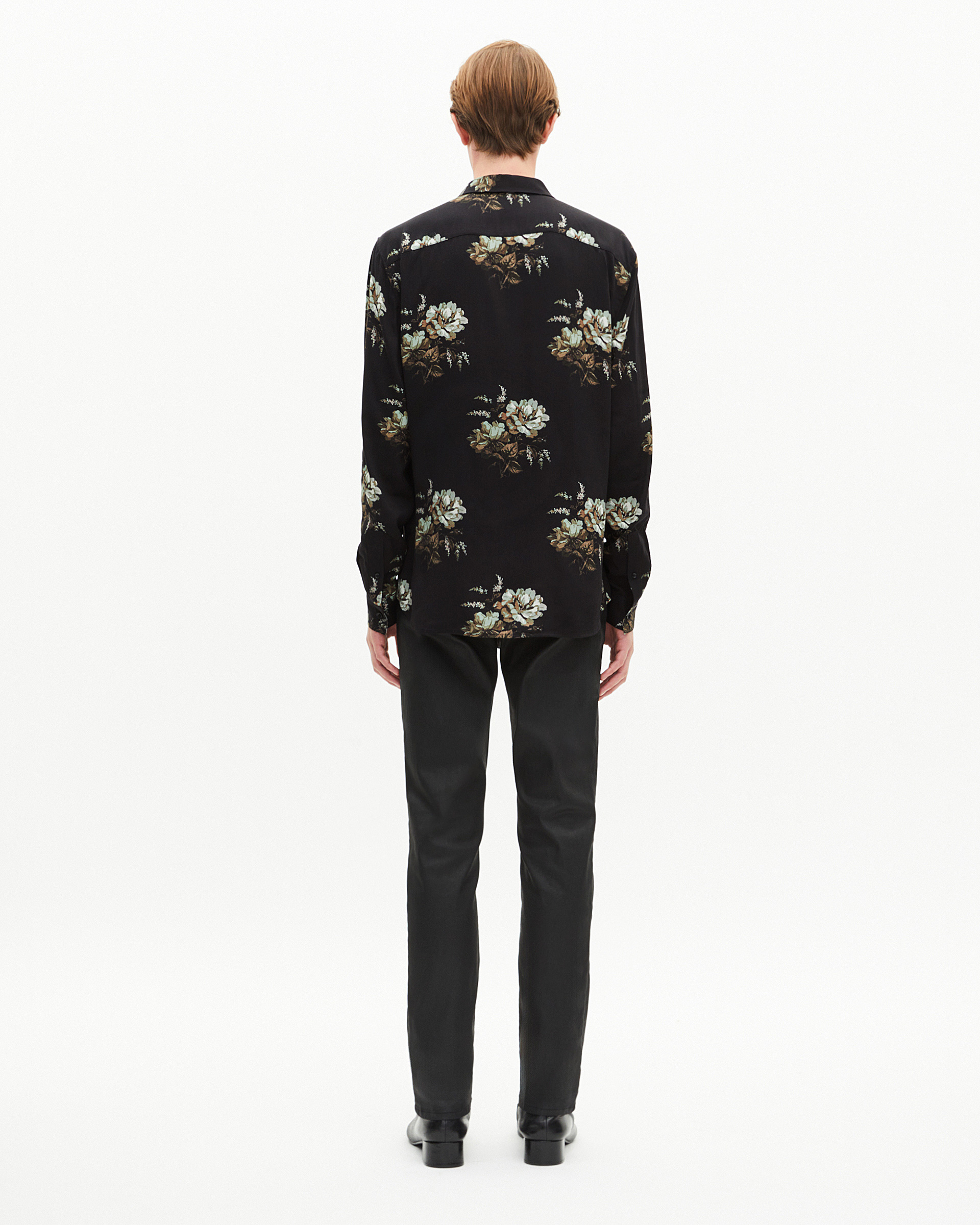 Green and black floral print shirt