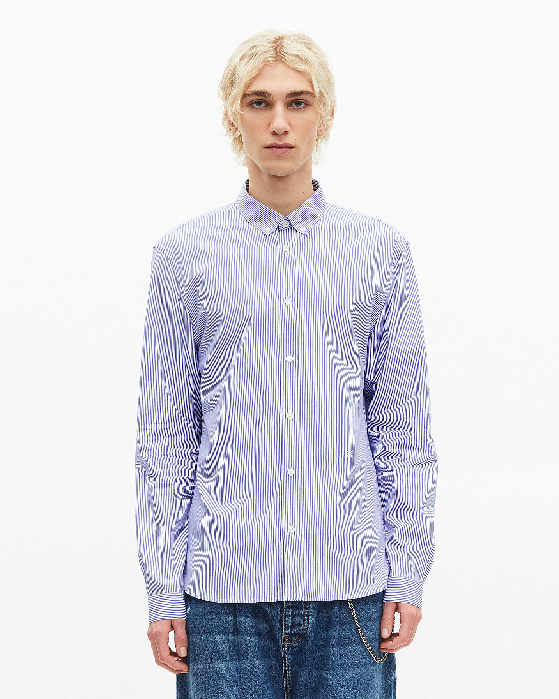White and blue striped shirt