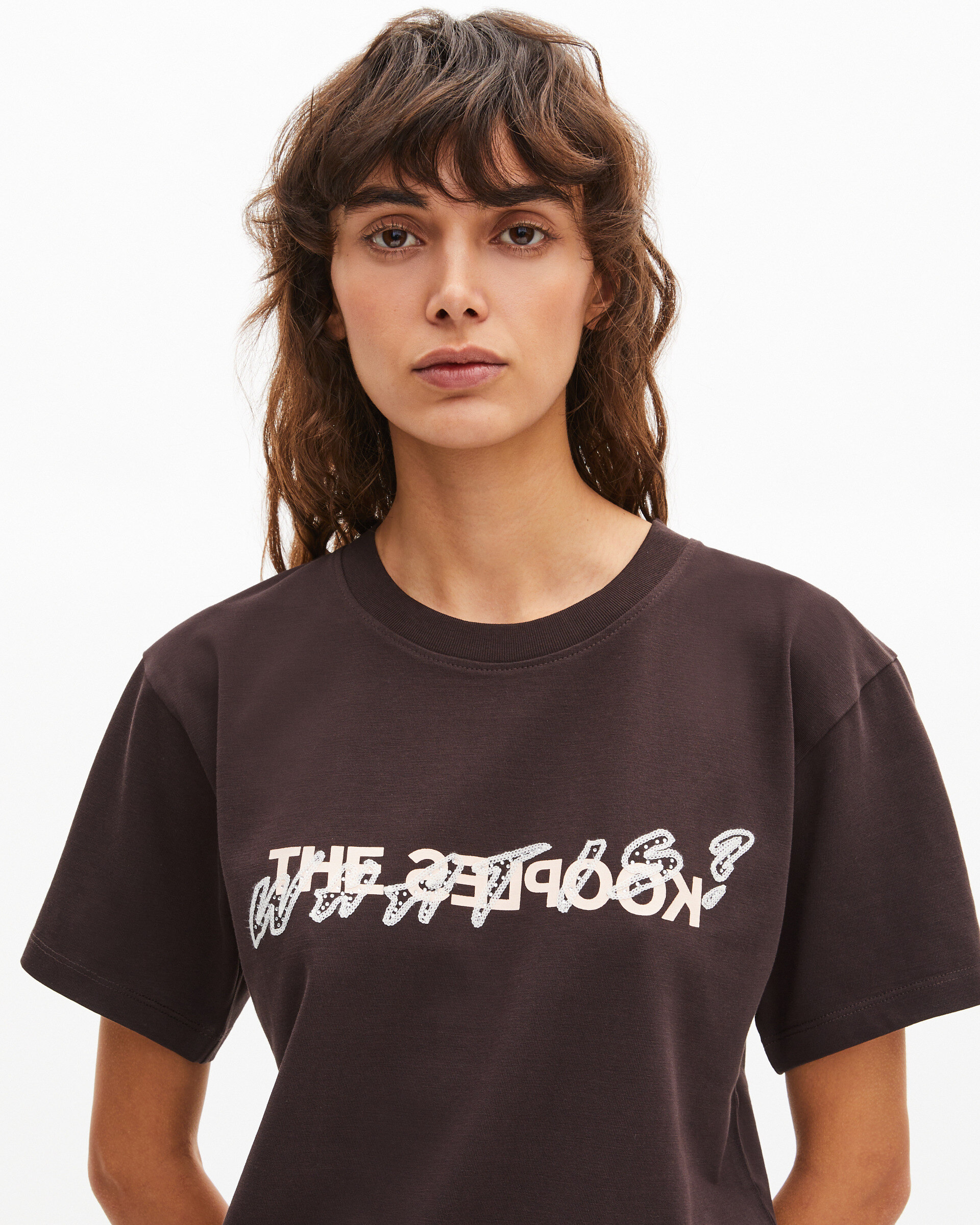 'What Is' T-shirt with brown rhinestones