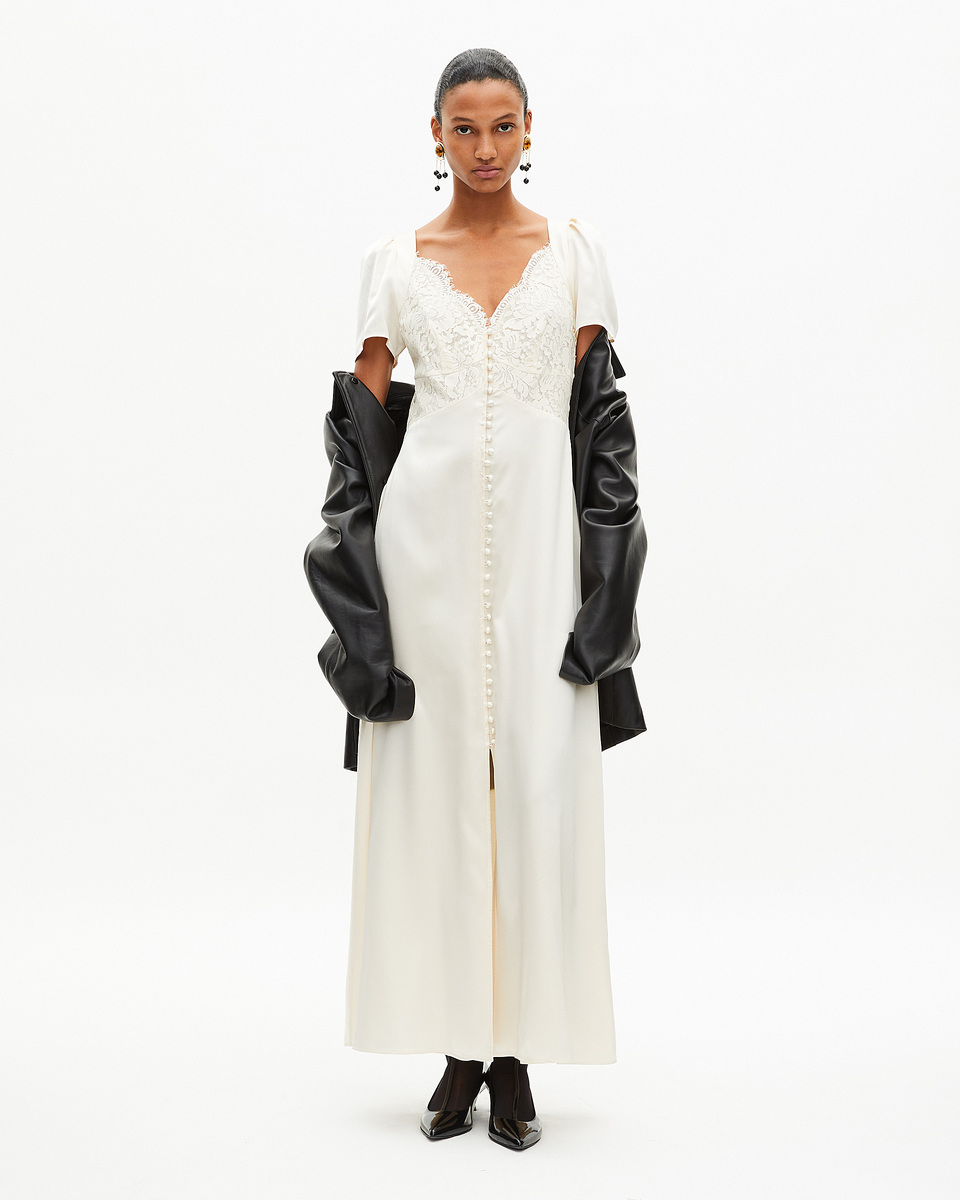 Long silk dress with ecru lace