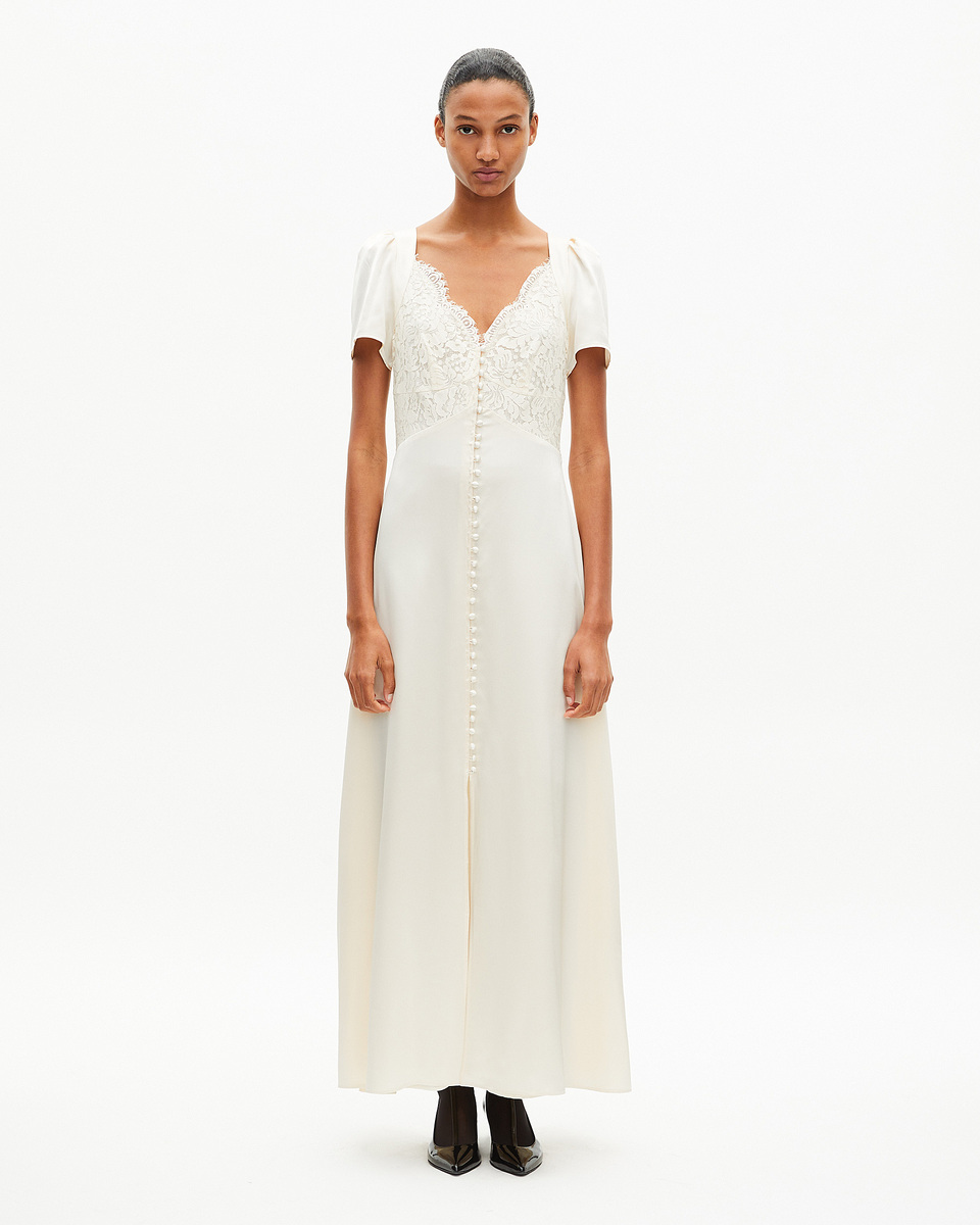 Long silk dress with ecru lace