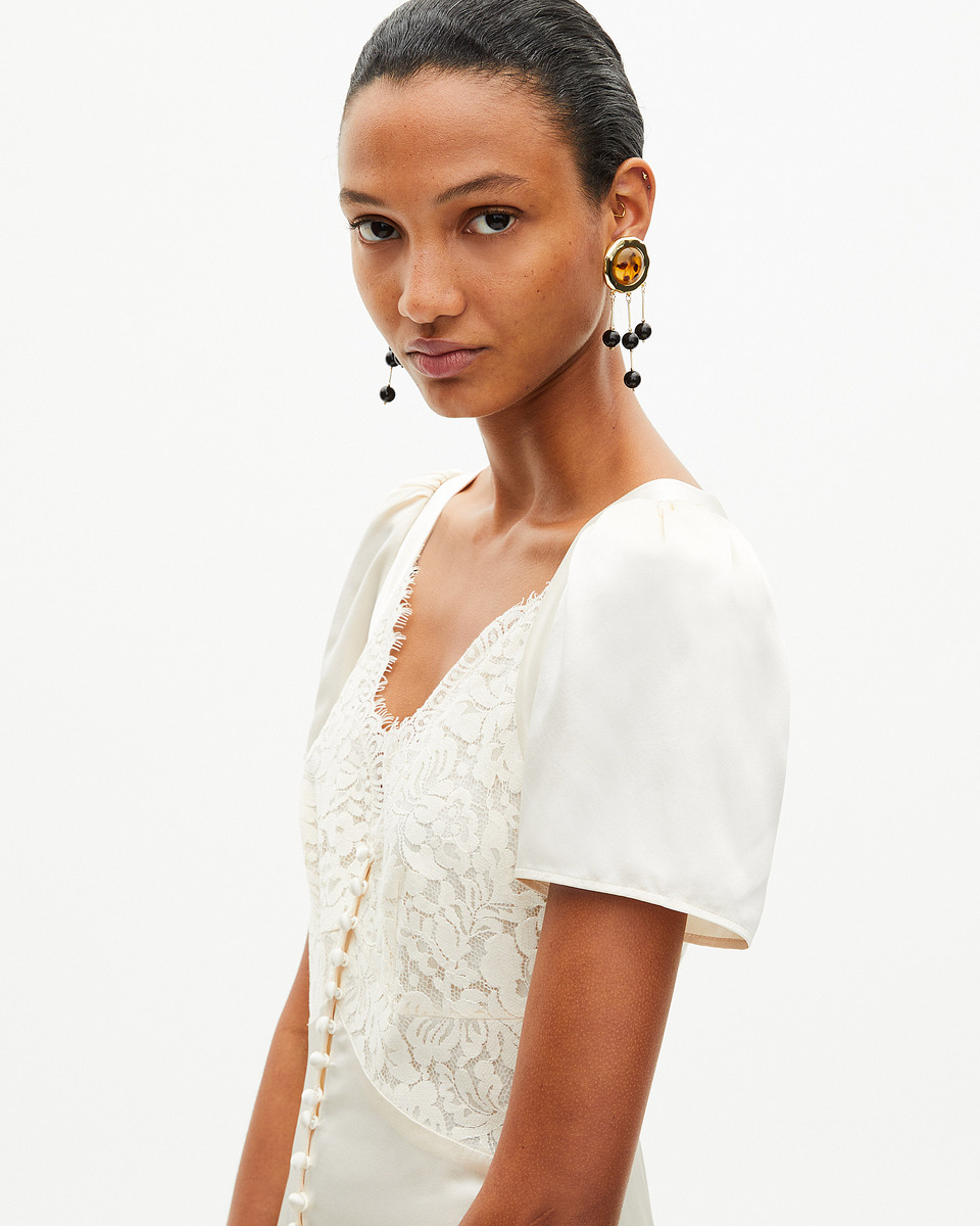 Long silk dress with ecru lace