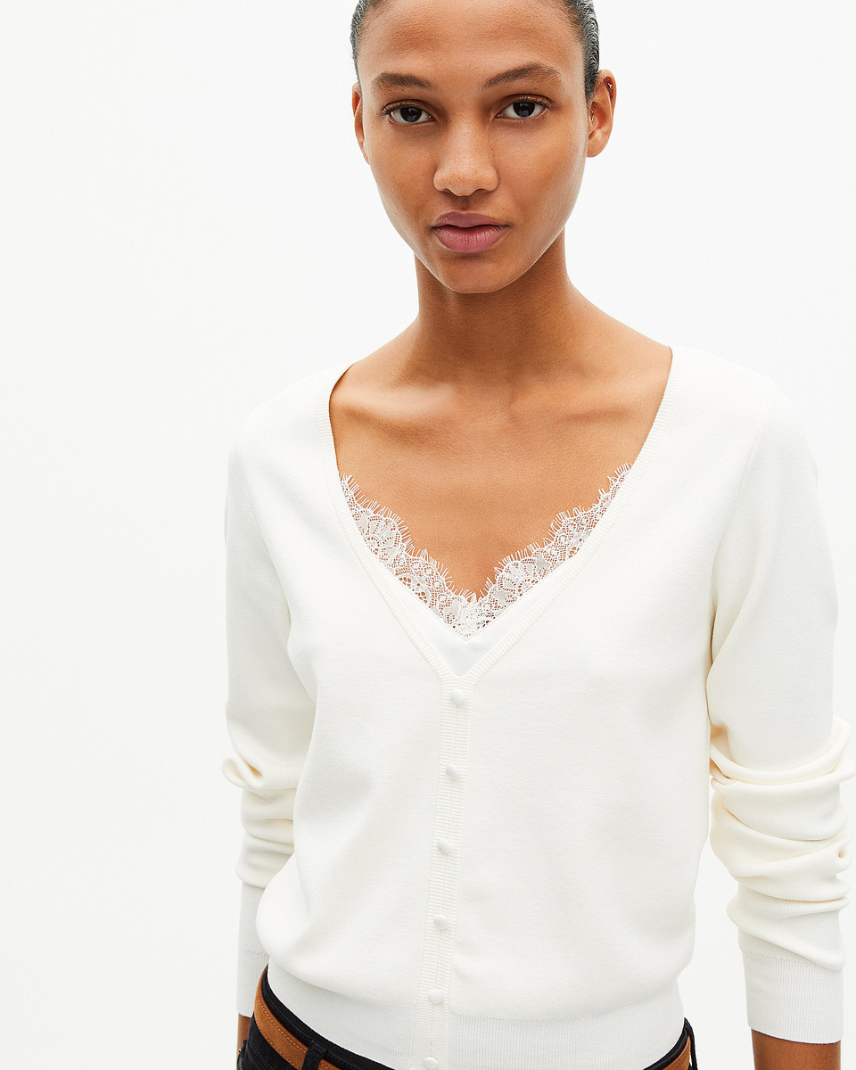 Trompe l'oeil effect sweater with ecru lace