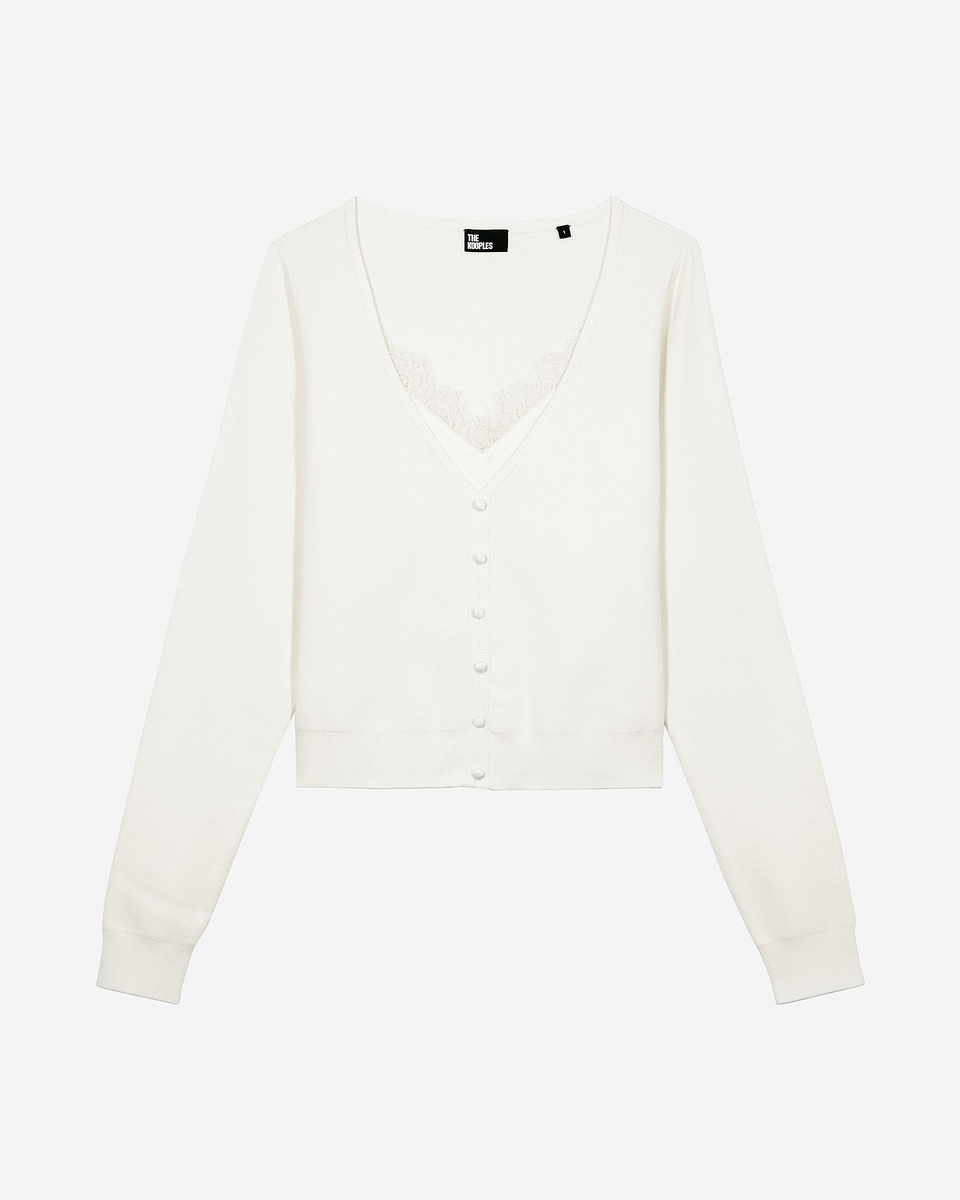 Trompe l'oeil effect sweater with ecru lace