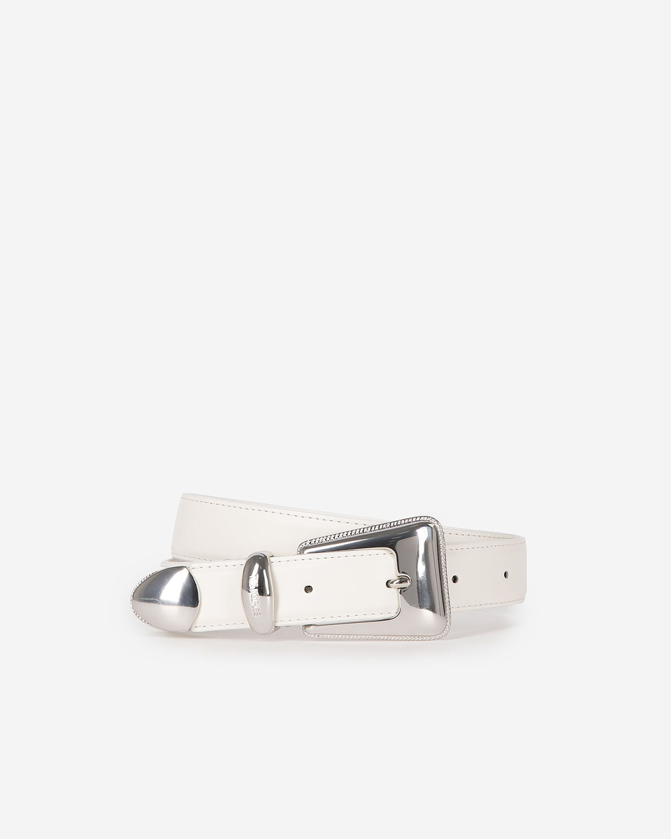 Silver western buckle belt in ecru leather